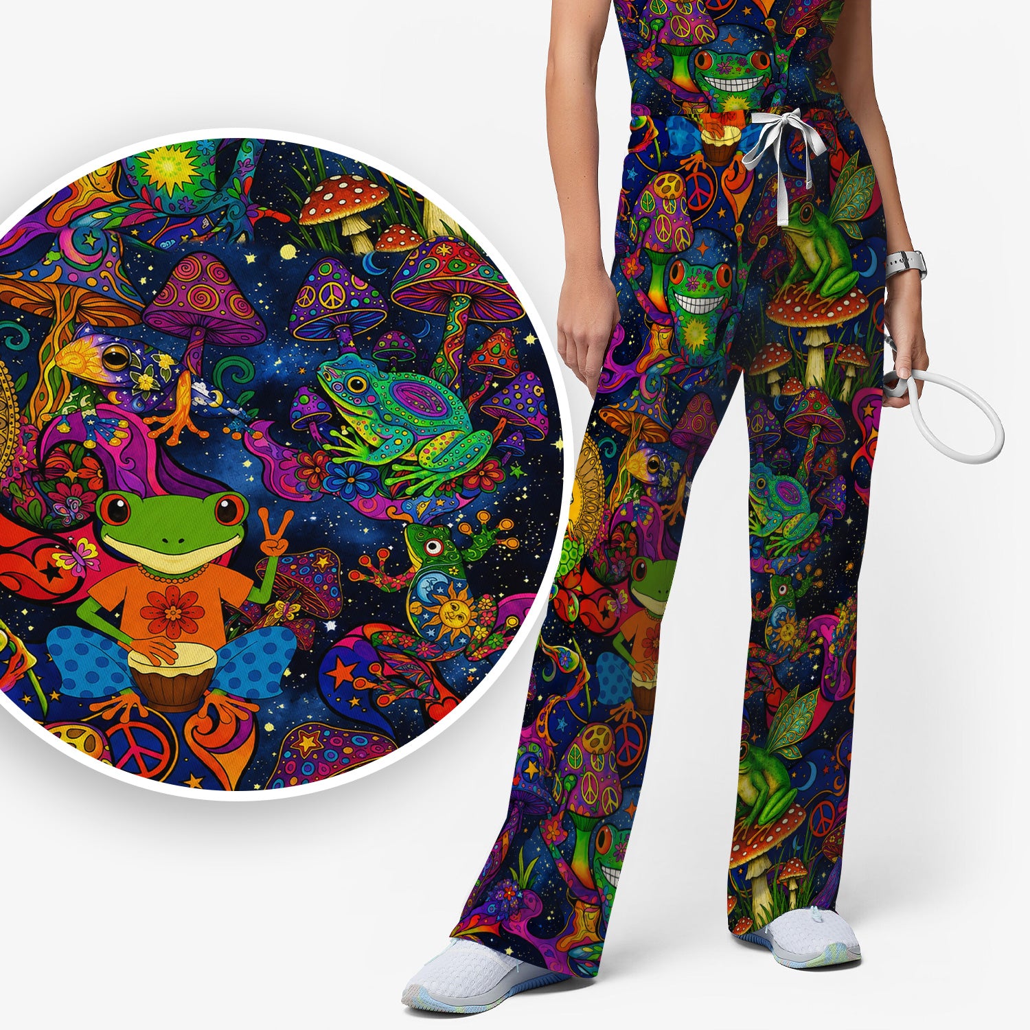 Psychedelic Frog with Mushroom Peace Print Scrub Set, Scrub Pants and V Neck Top