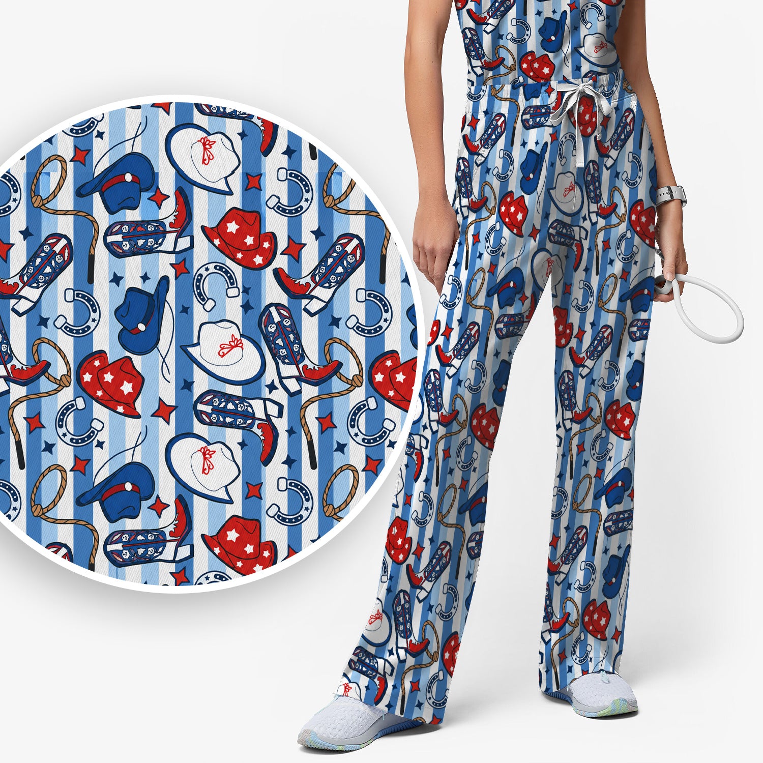Western Cowboy Boots And Hats Print Scrub Set, Scrub Pants and V Neck Top