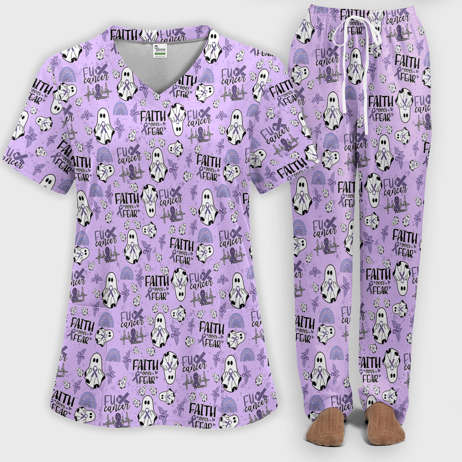 Periwinkle Ribbon Stomach Cancer Scrub Set for Women - Awareness Nurse Scrub Pants and V Neck Top - November Warrior Survivor Gift