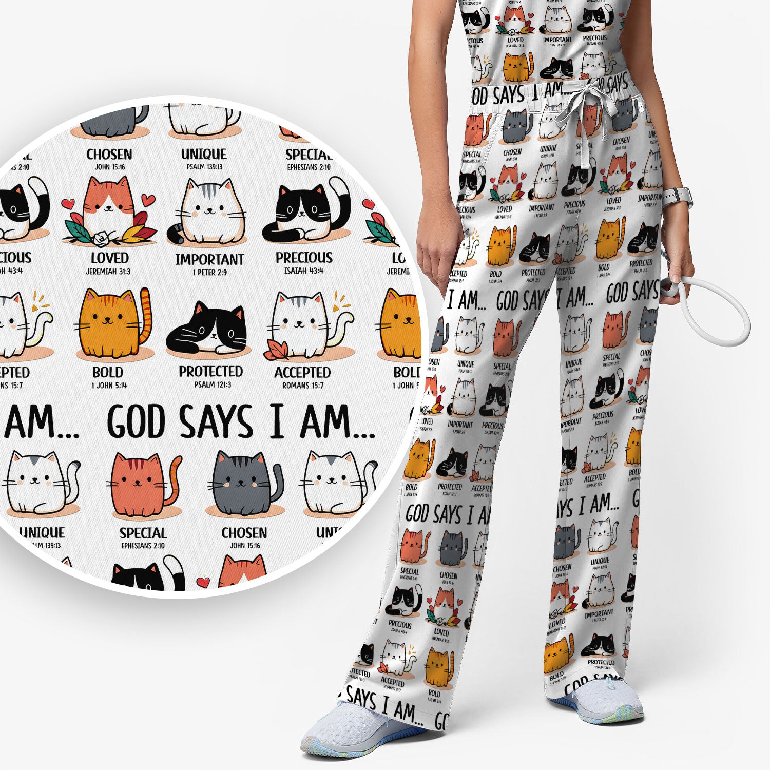 Cute Christian Cat God Says I Am Women's Scrub Set, Breathable Med Uniform