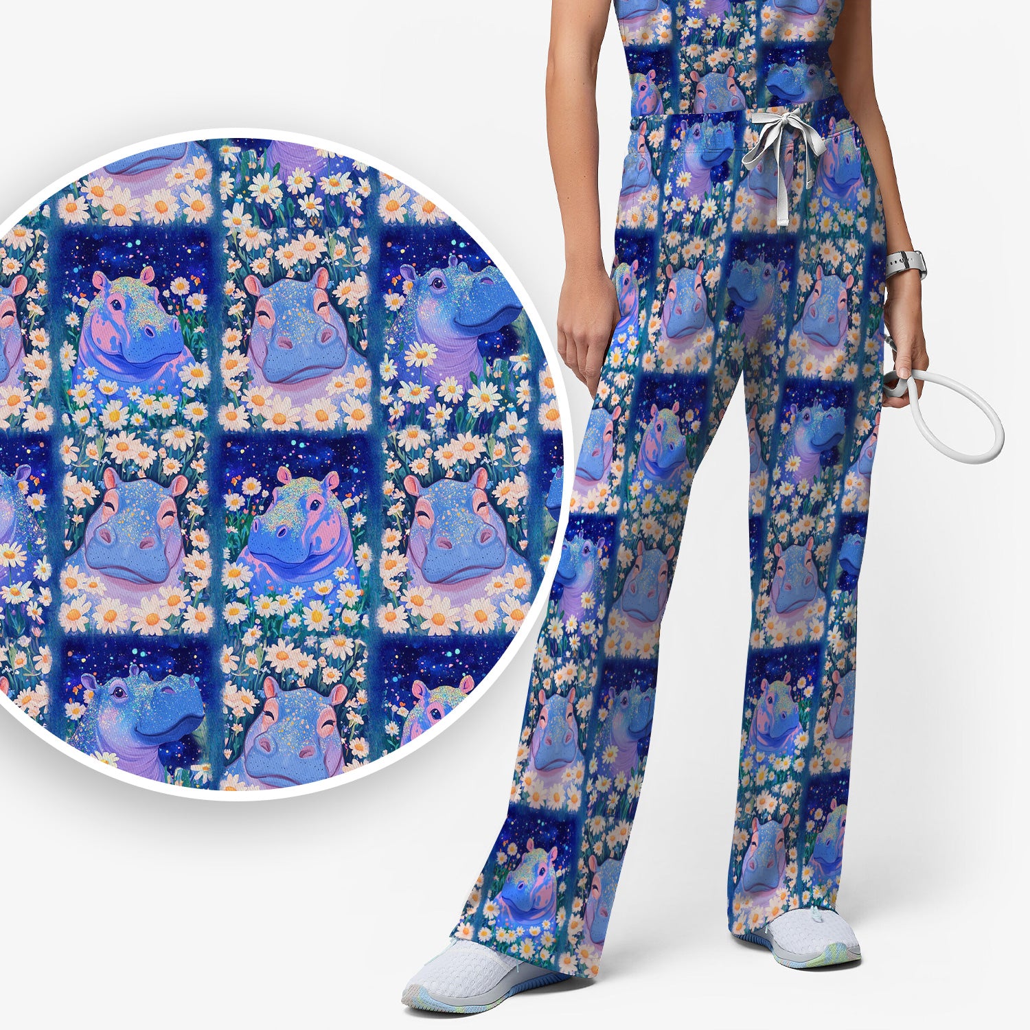 Cute Hippo Daisy Floral Patchwork Scrub Set, Scrub Pants and V Neck Top