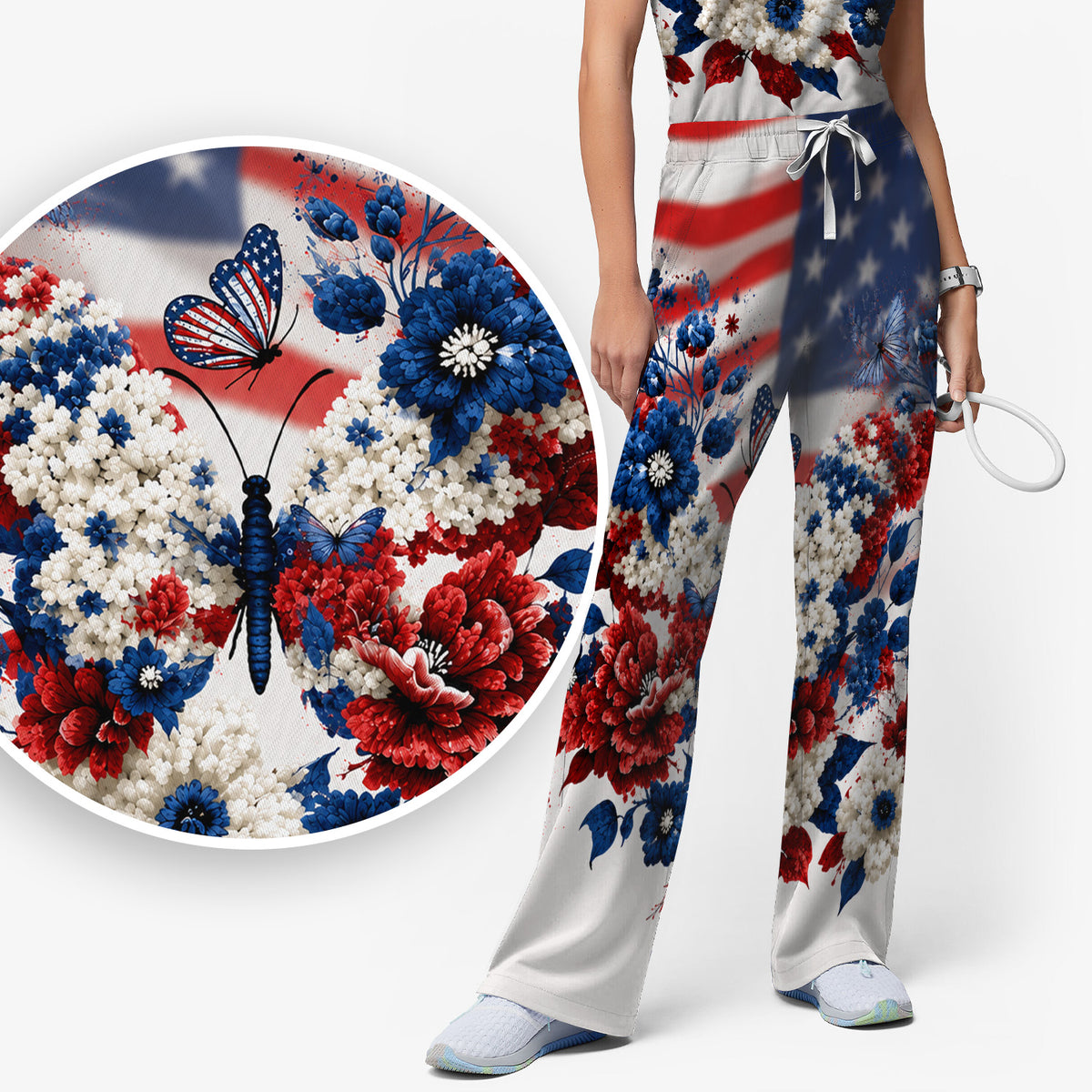 Patriotic Butterfly with Floral Print Scrub Set, Scrub Pants and V Neck Top