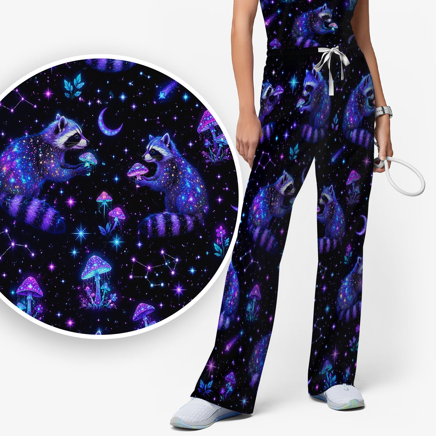 Galaxy Raccoon With Mushroom Night Scrub Set, Scrub Pants and V Neck Top