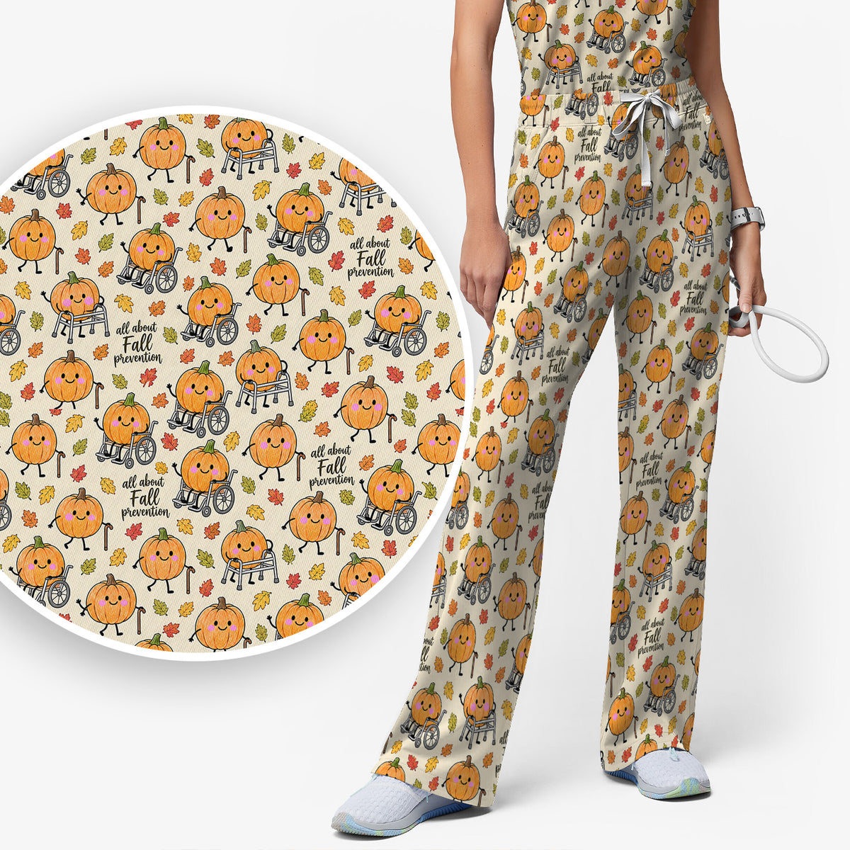 Cute Fall Prevention Pumpkin Pattern Scrub Set, Scrub Pants and V Neck Top