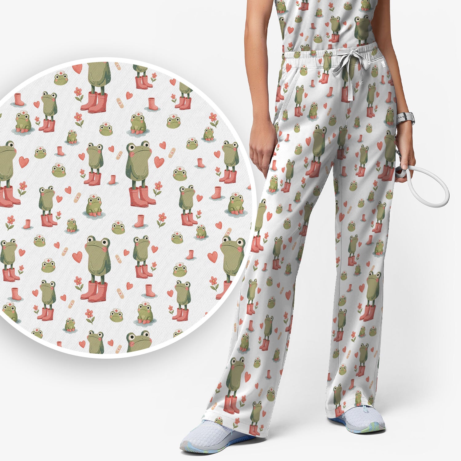 Adorable Frog Boots Heart Pattern Scrub Set, Nurse Uniform Scrubs Set