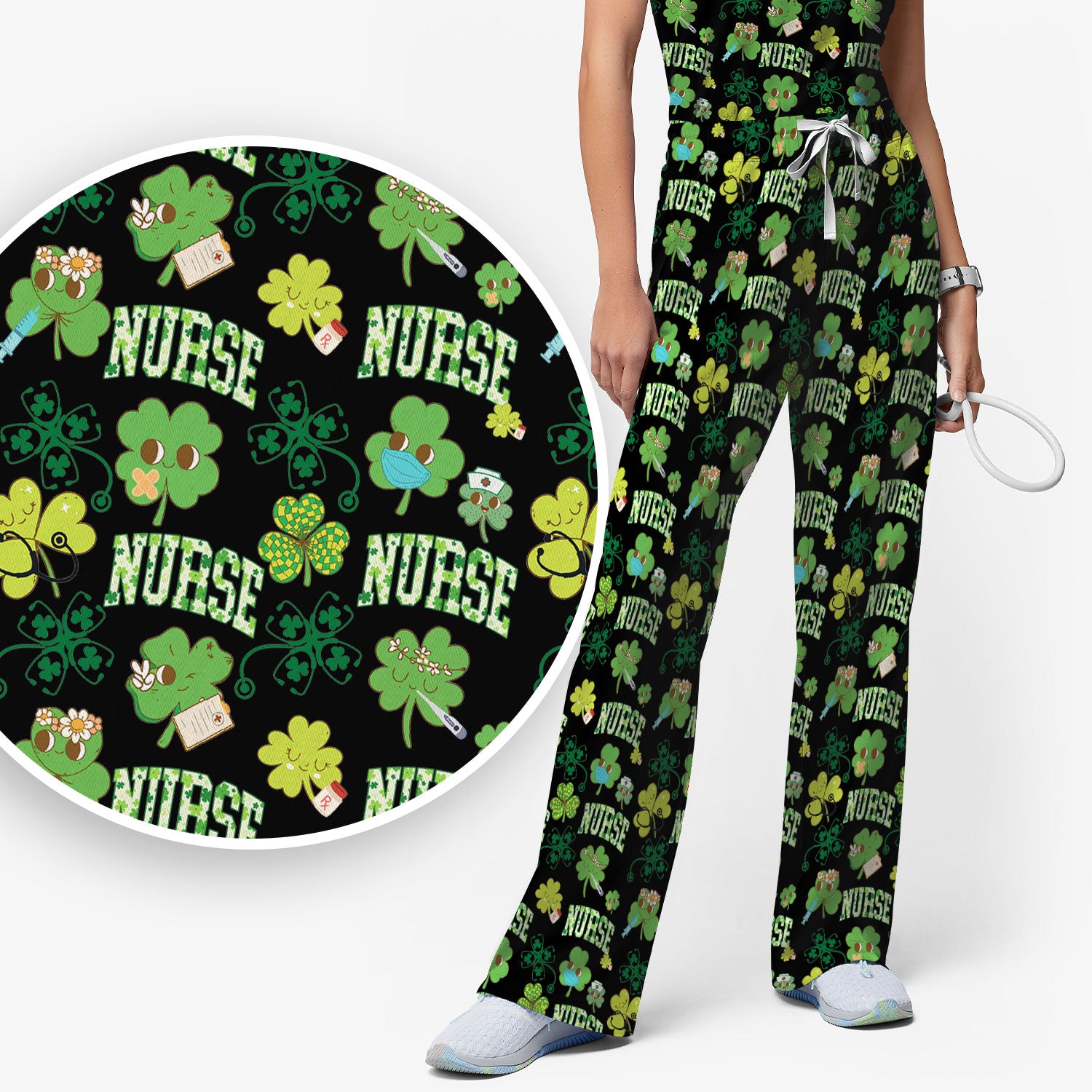 Lucky Shamrock Nurse Scrub Set, St. Patrick’s Day Nursing Shirt, Breathable Fabrics Nursing Uniform