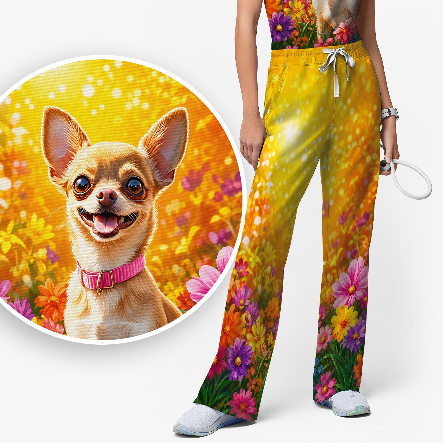 Cute Chihuahua Flower Meadow Pattern Scrub Set, Scrub Pants and V Neck Top