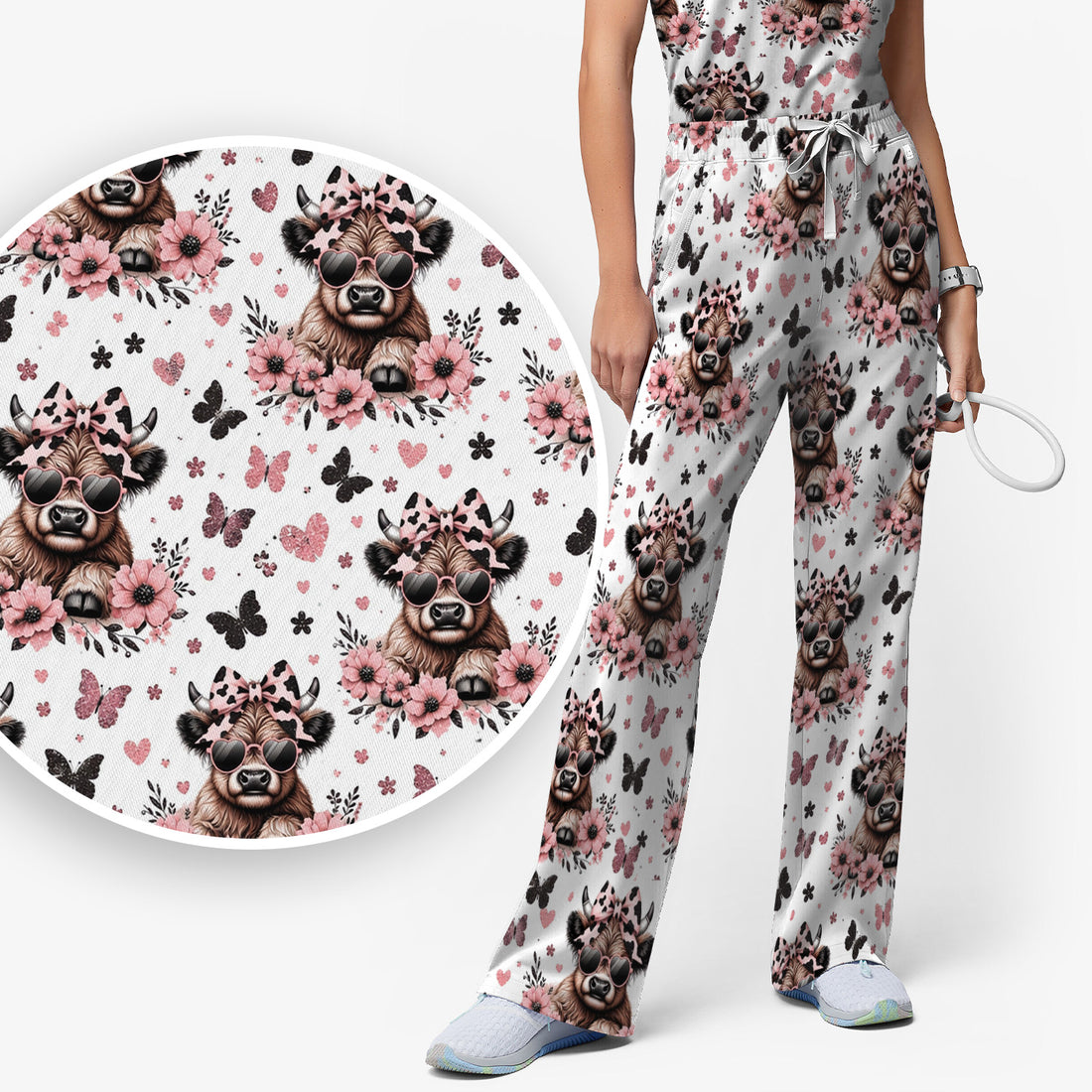 Cute Cow With Heart Sunglasses Pattern Scrub Set, Scrub Pants and V Neck Top