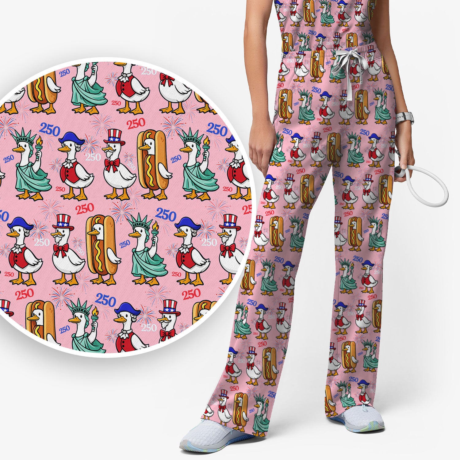 Patriotic Duck Independence Day Pattern Scrub Set, Scrub Pants and V Neck Top