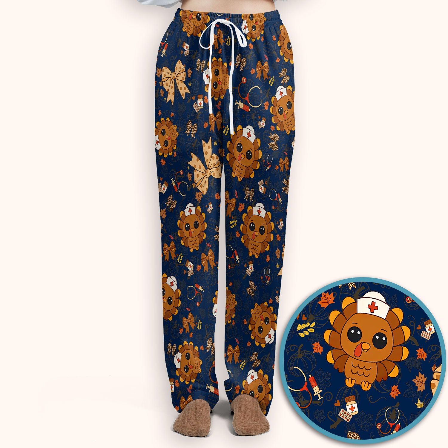 Thanksgiving Turkey Nurse Scrub Set for Women - Cute Fall Leaves and Bow Scrub Pants and V Neck Top - Autumn Medical Uniform