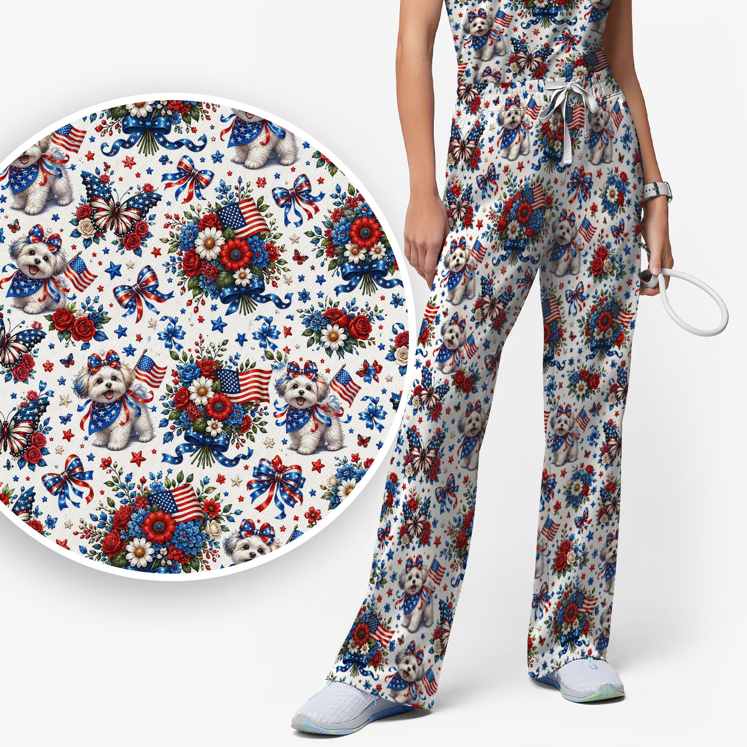 Patriotic Puppy Floral Bouquet Pattern Scrub Set, Scrub Pants and V Neck Top