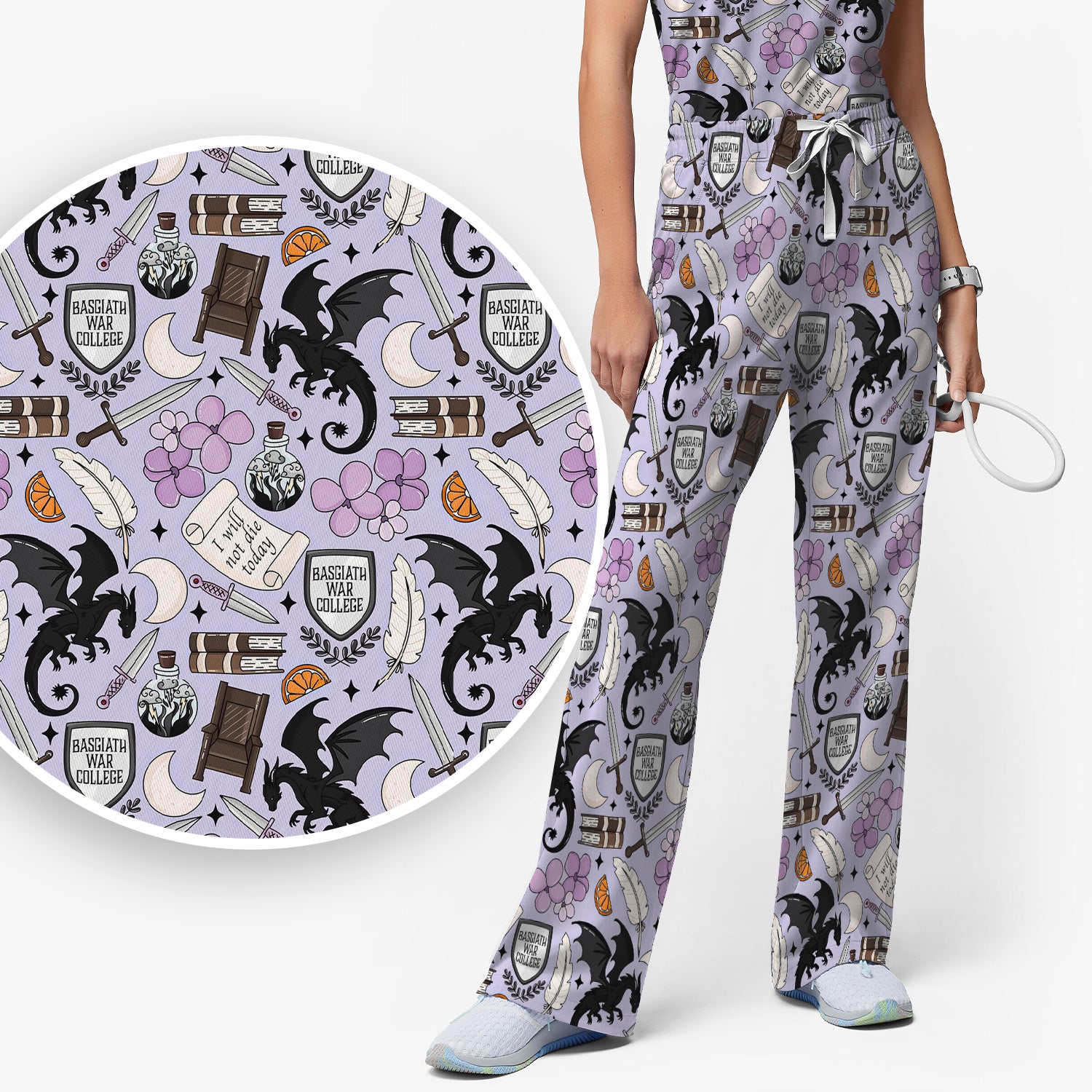 Spooky Gothic Fantasy Dragon Pattern Scrub Set, Scrub Pants and V Neck Top