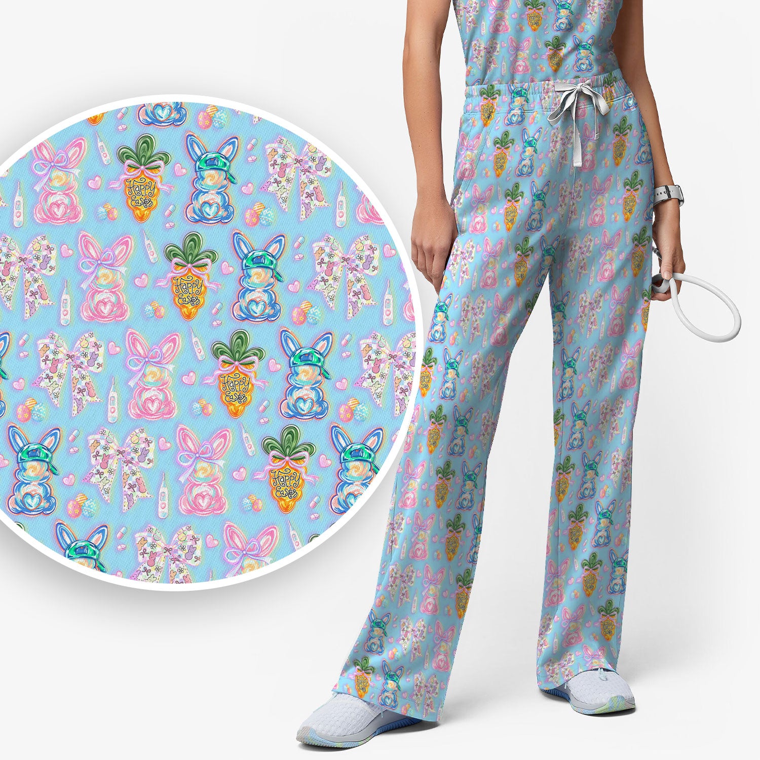 Easter Bunny Carrot Bow Floral Print Scrub Set, Breathable Med Uniform