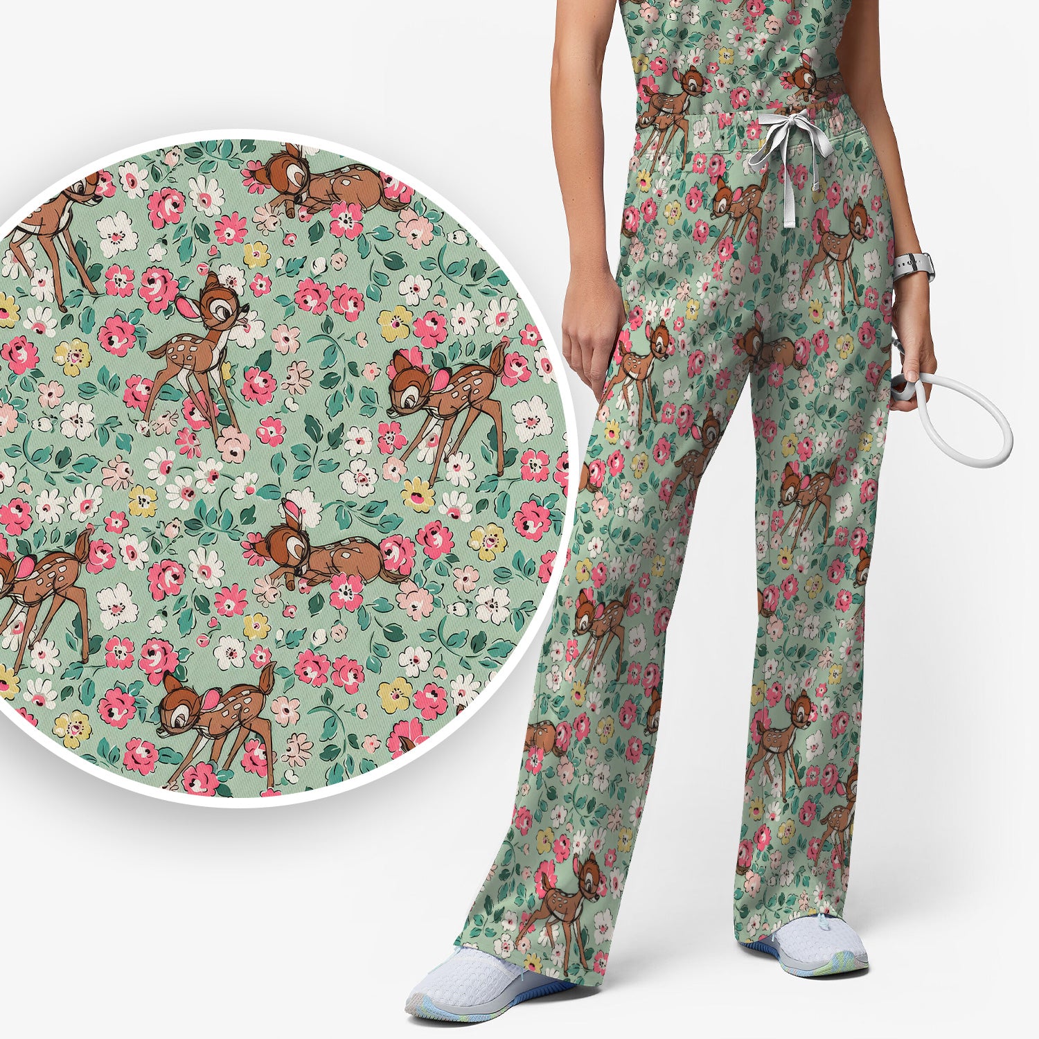 Cute Baby Deer Floral Pattern Scrub Set, Scrub Pants and V Neck Top