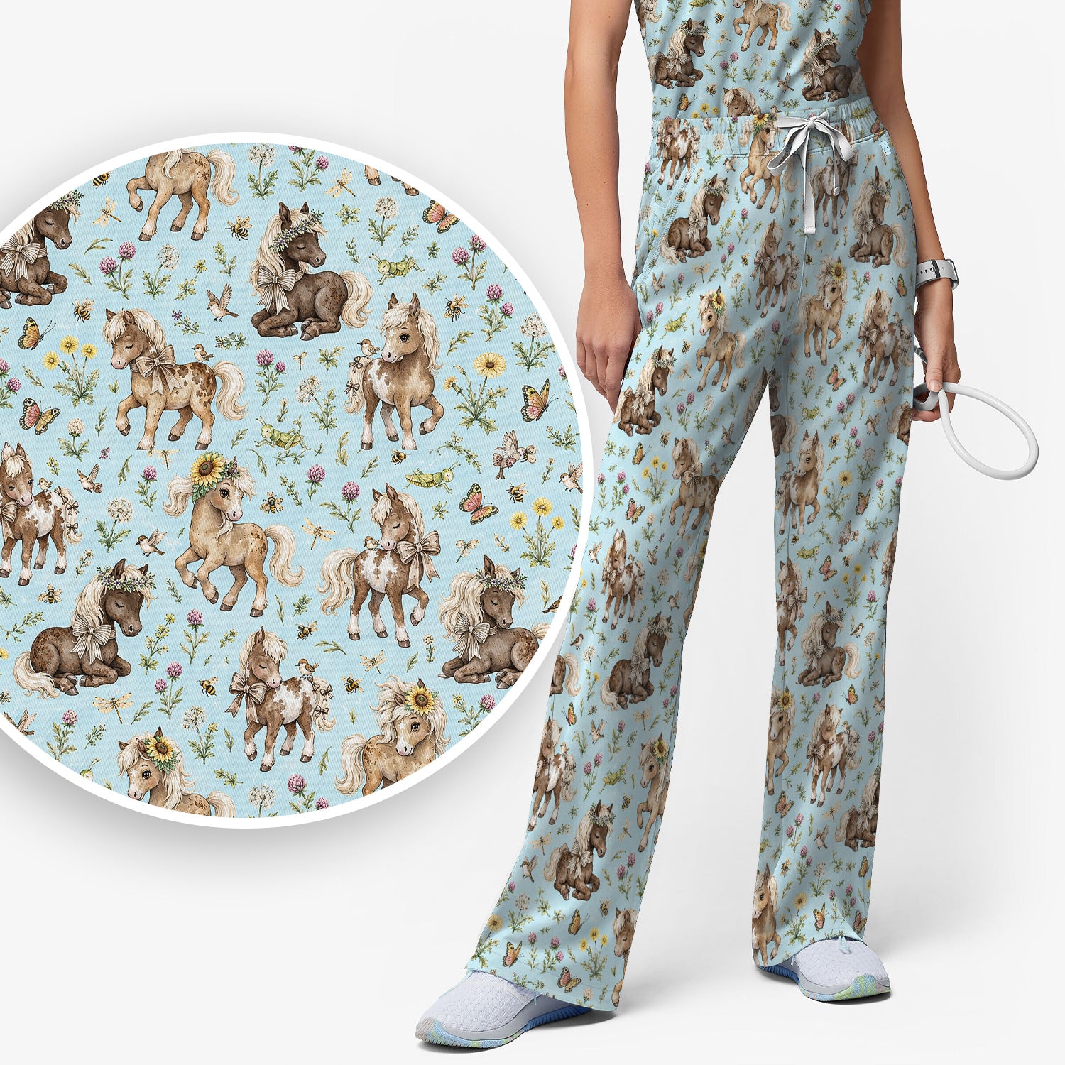 Cute Pony Garden with Butterfly Floral Meadow Print Scrub Set, Scrub Pants and V Neck Top