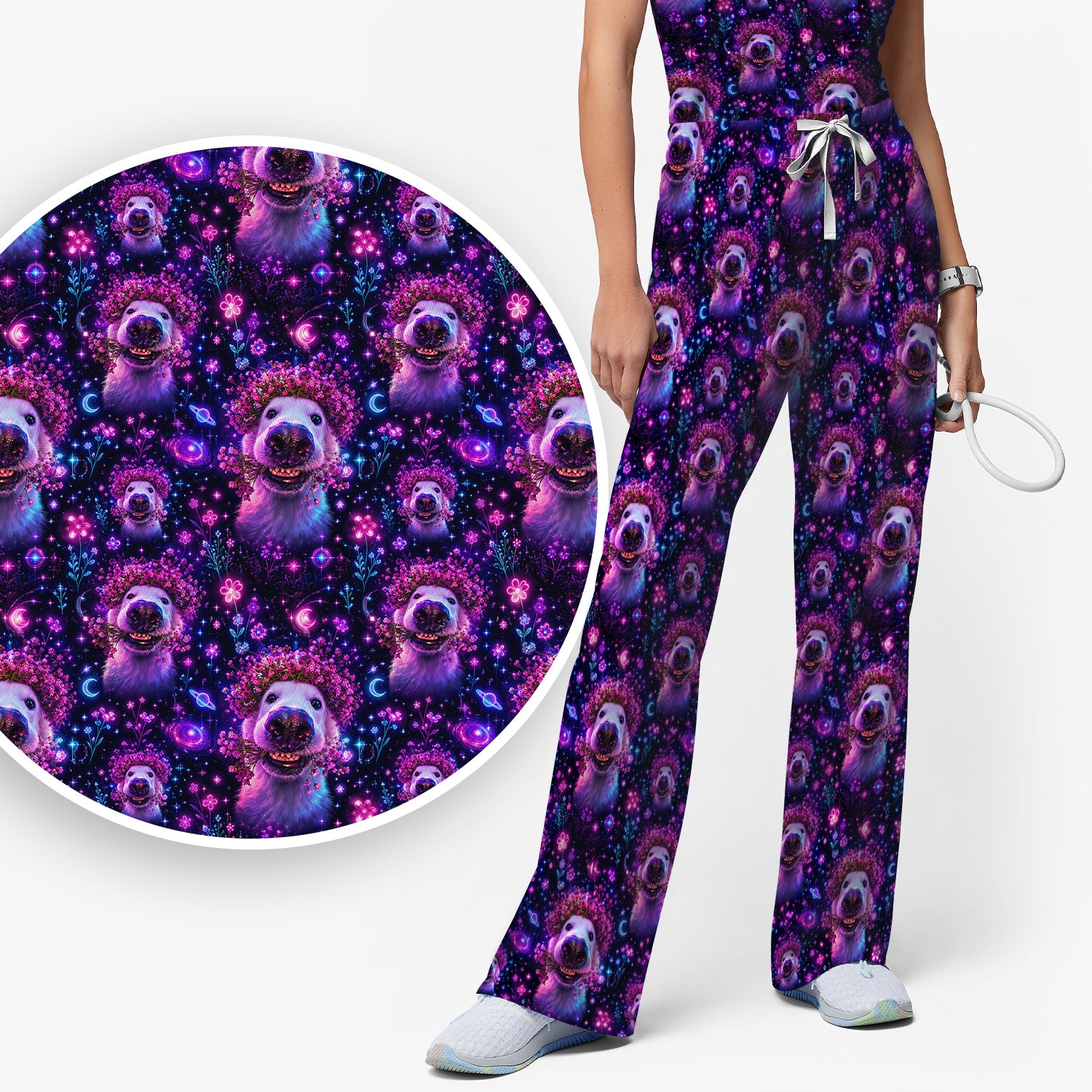 Galaxy Golden Retriever Pattern Scrub Set, Scrub Pants and V Neck Top