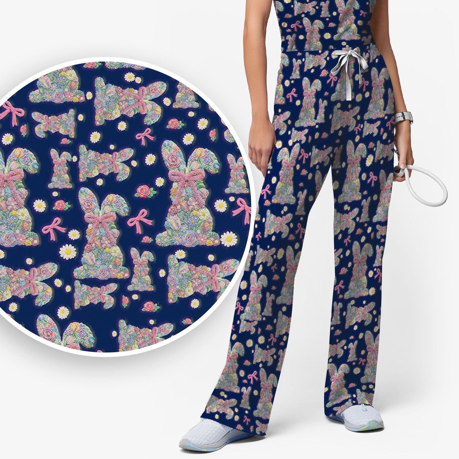 Colorful Floral Bunny with Pink Bow Pattern Scrub Set, Breathable Med Uniform