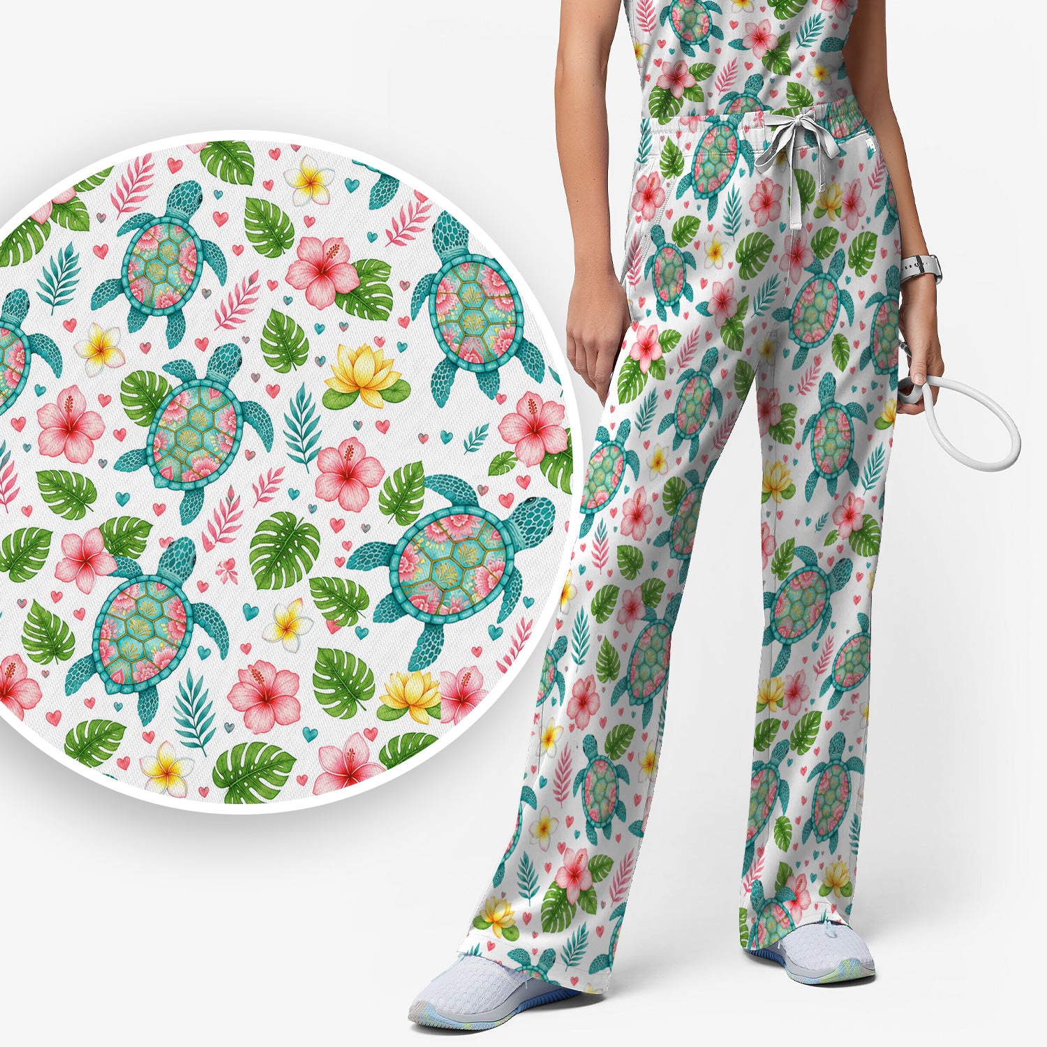Tropical Sea Turtle Floral Pattern Scrub Set, Scrub Pants and V Neck Top