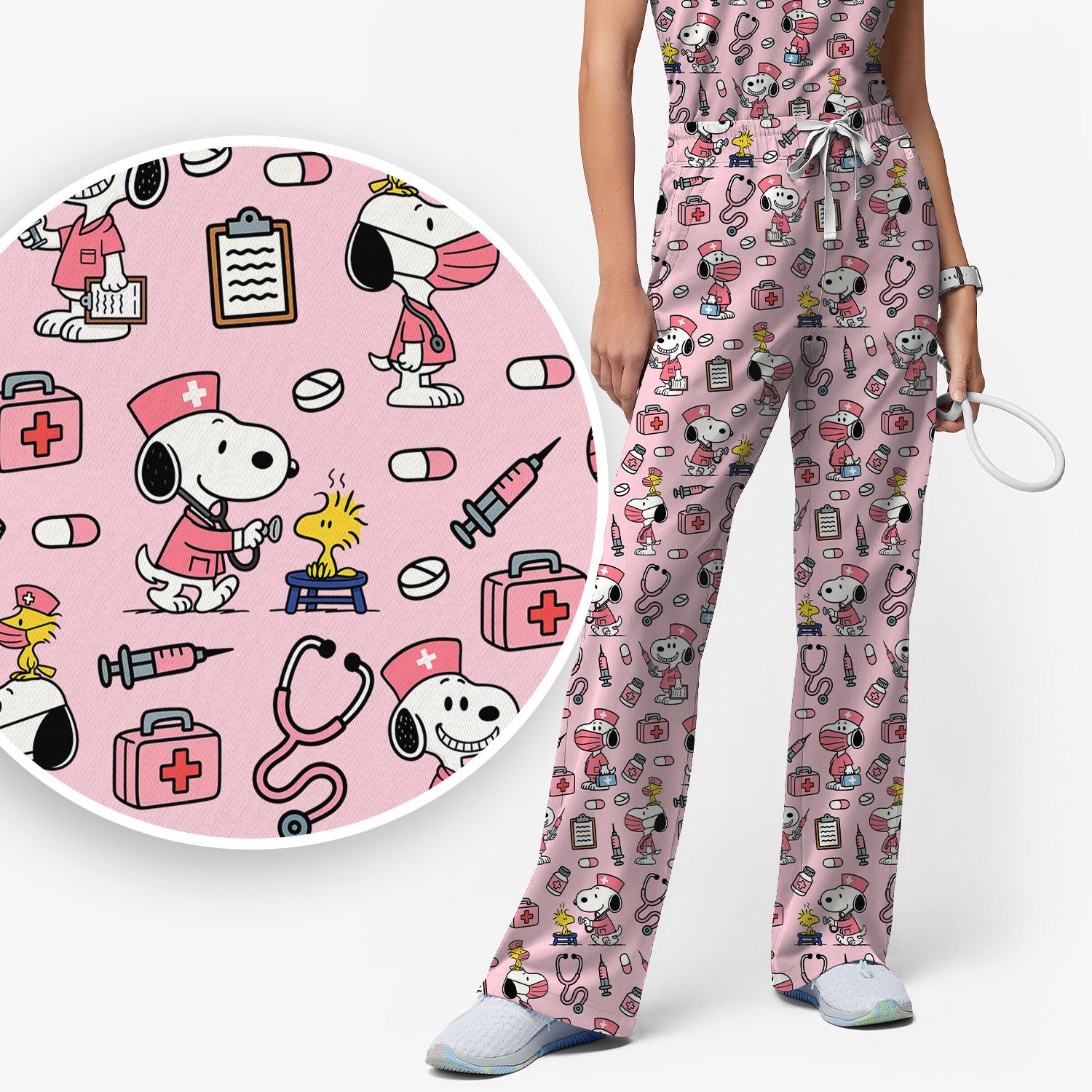 Pink Snoopy Nurse Scrub Set - Cute Cartoon Dog Pattern Top and Pants - Fun Nursing Gift for RN LPN CNA Women