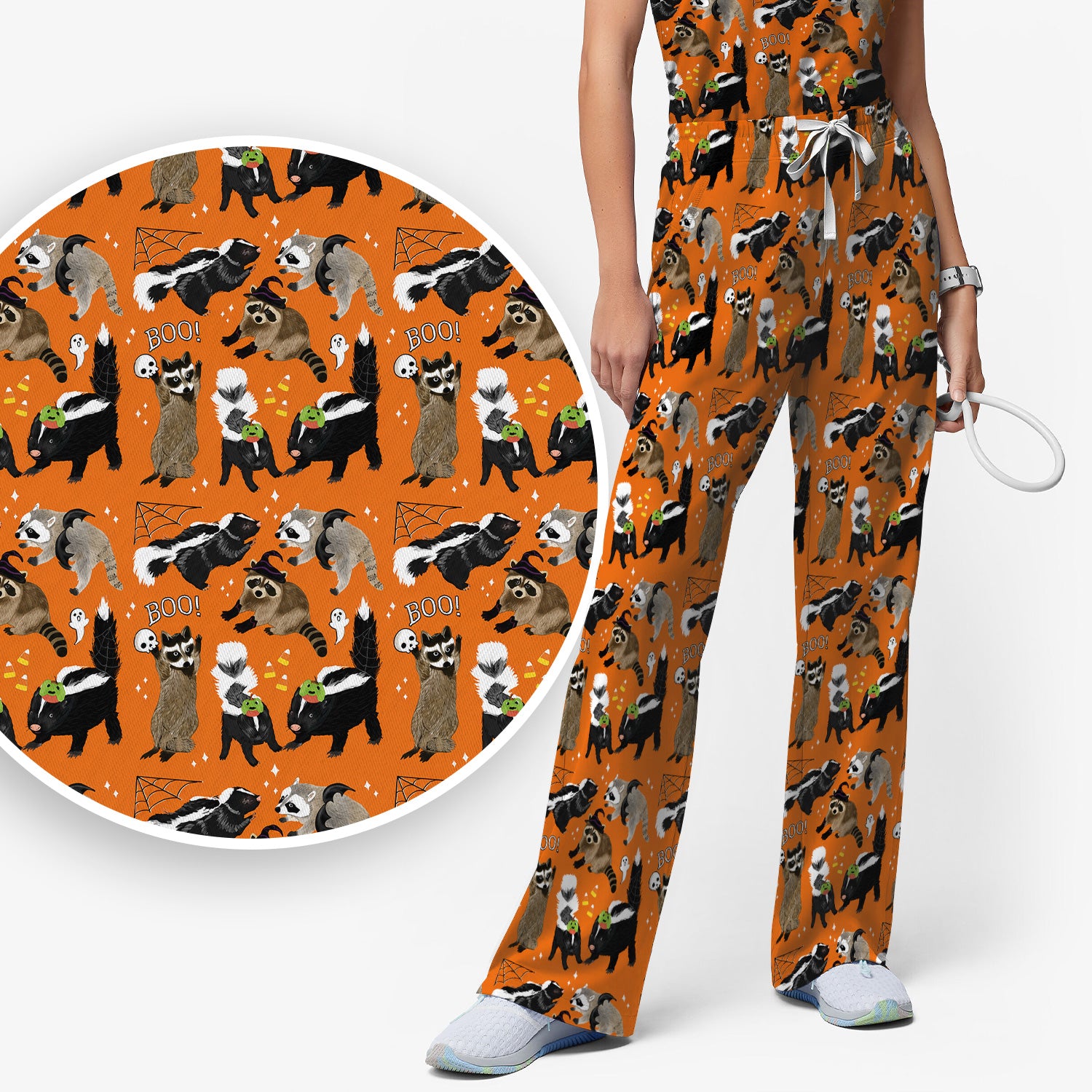 Halloween Wildlife with Skunk Raccoon Pattern Scrub Set, Scrub Pants and V Neck Top