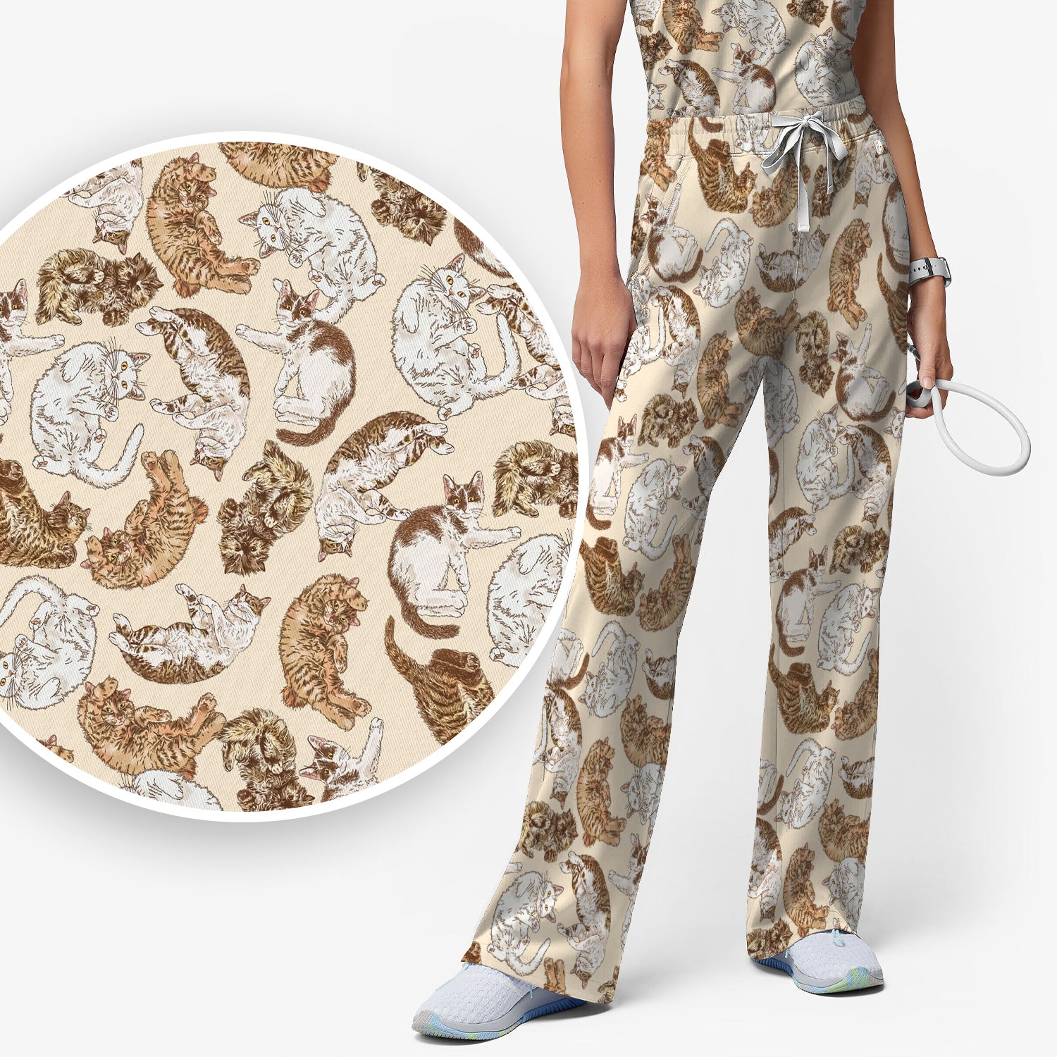 Cute Lazy Cat Nap Pattern Scrub Set, Scrub Pants and V Neck Top