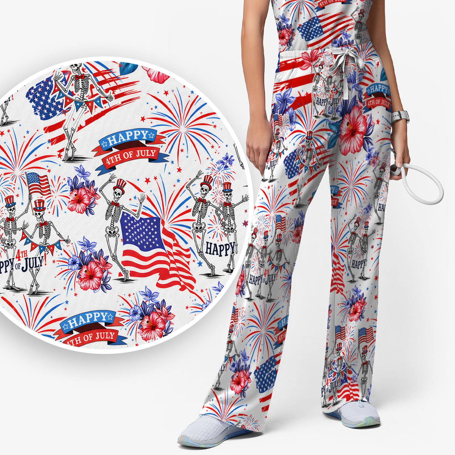 Funny 4th Of July Skeleton Nurse for RN & CNA, Patriotic Fireworks Medical Uniform Scrub Set, Scrub Pants and V Neck Top