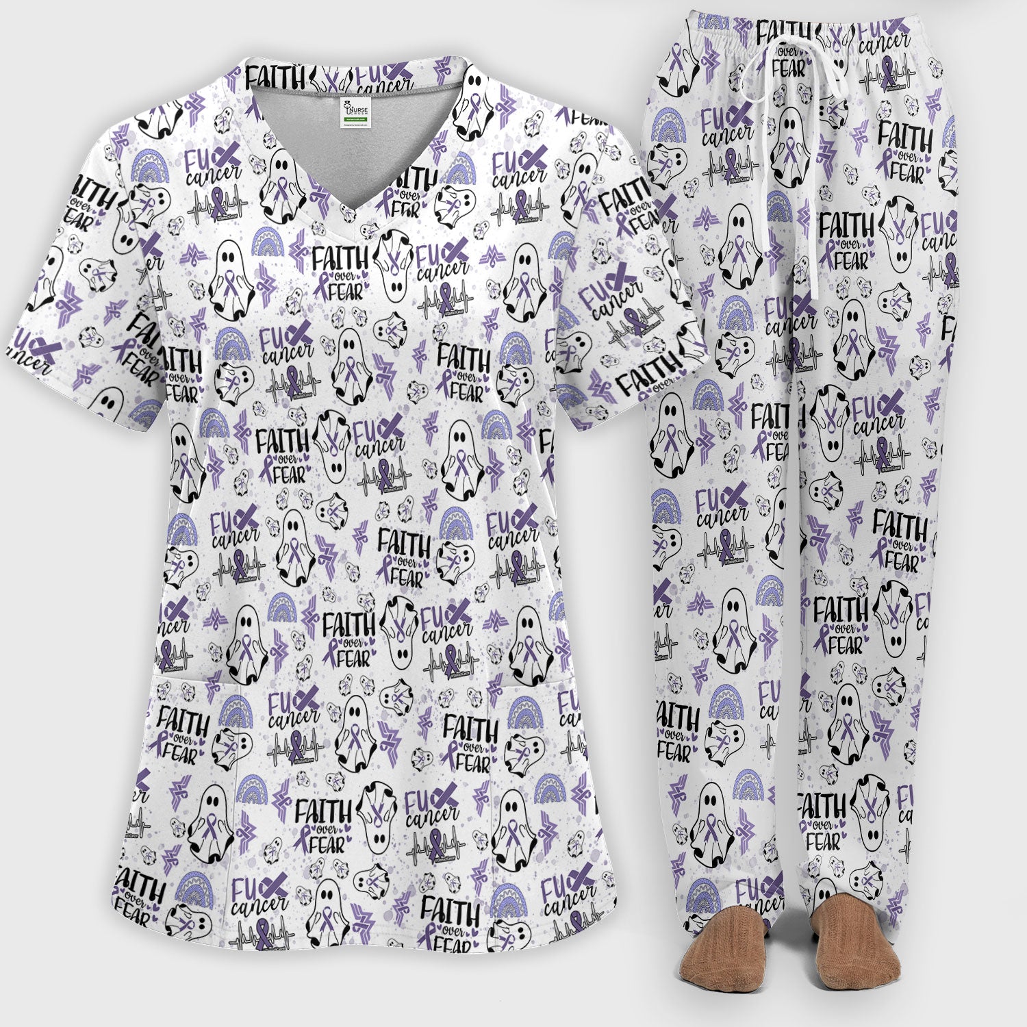Stomach Cancer Awareness Scrub Sets - Periwinkle Blue Ribbon Survivor Scrub Pants and V Neck Top - November Warrior Gift
