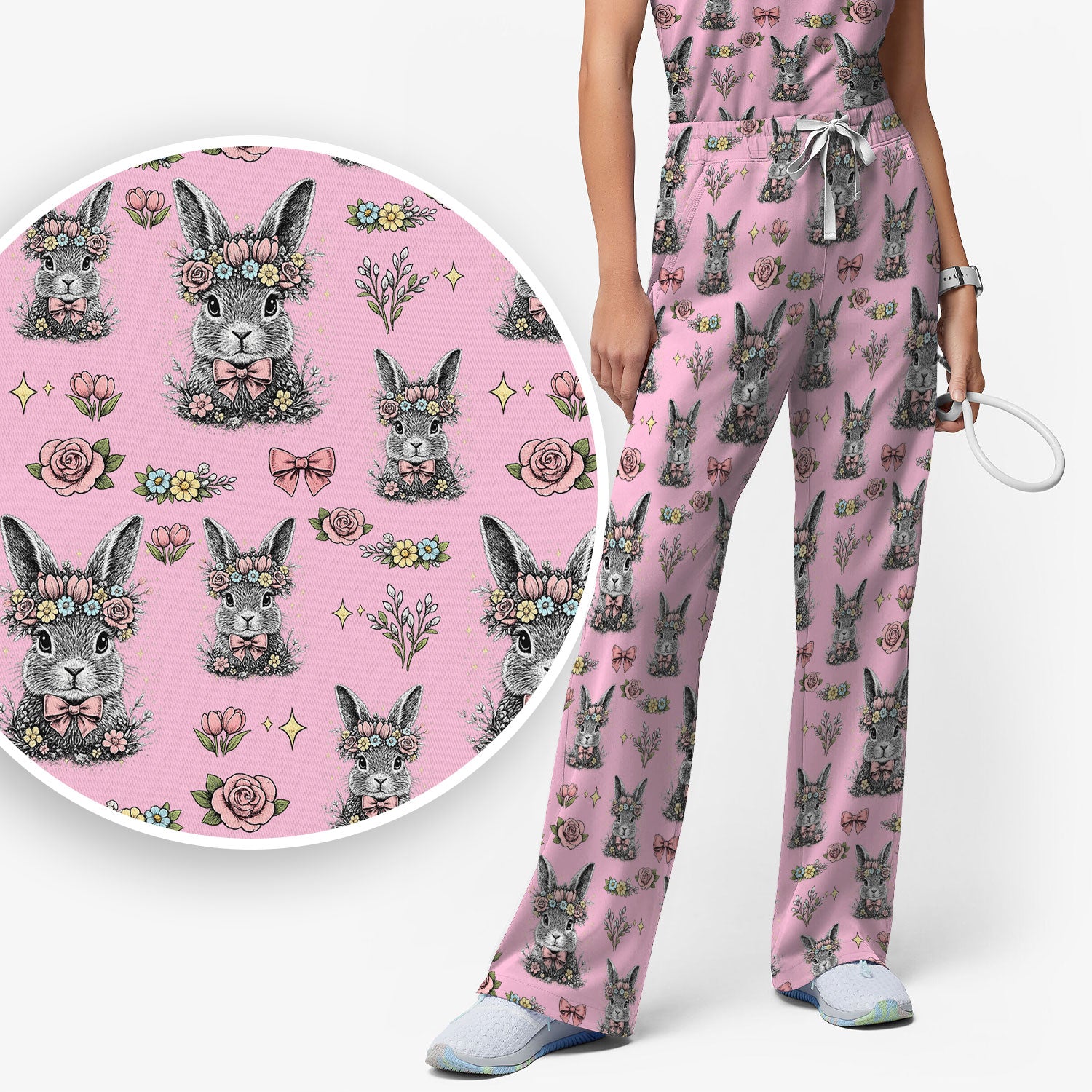 Vintage Floral Bunny Print Scrub Set, Scrub Pants and V Neck Top