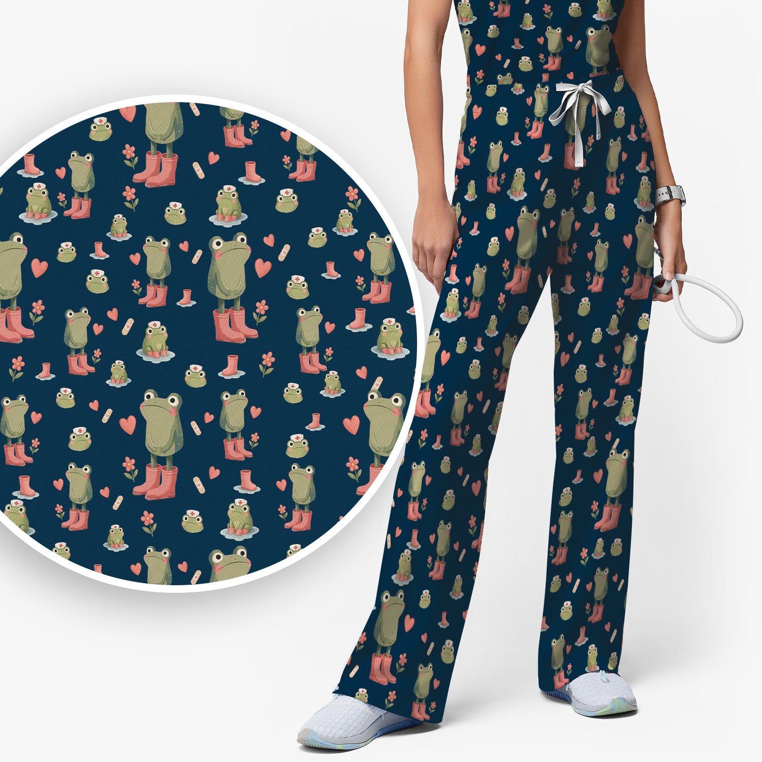 Adorable Frog Boots Heart Pattern Scrub Set, Nurse Uniform Scrubs Set