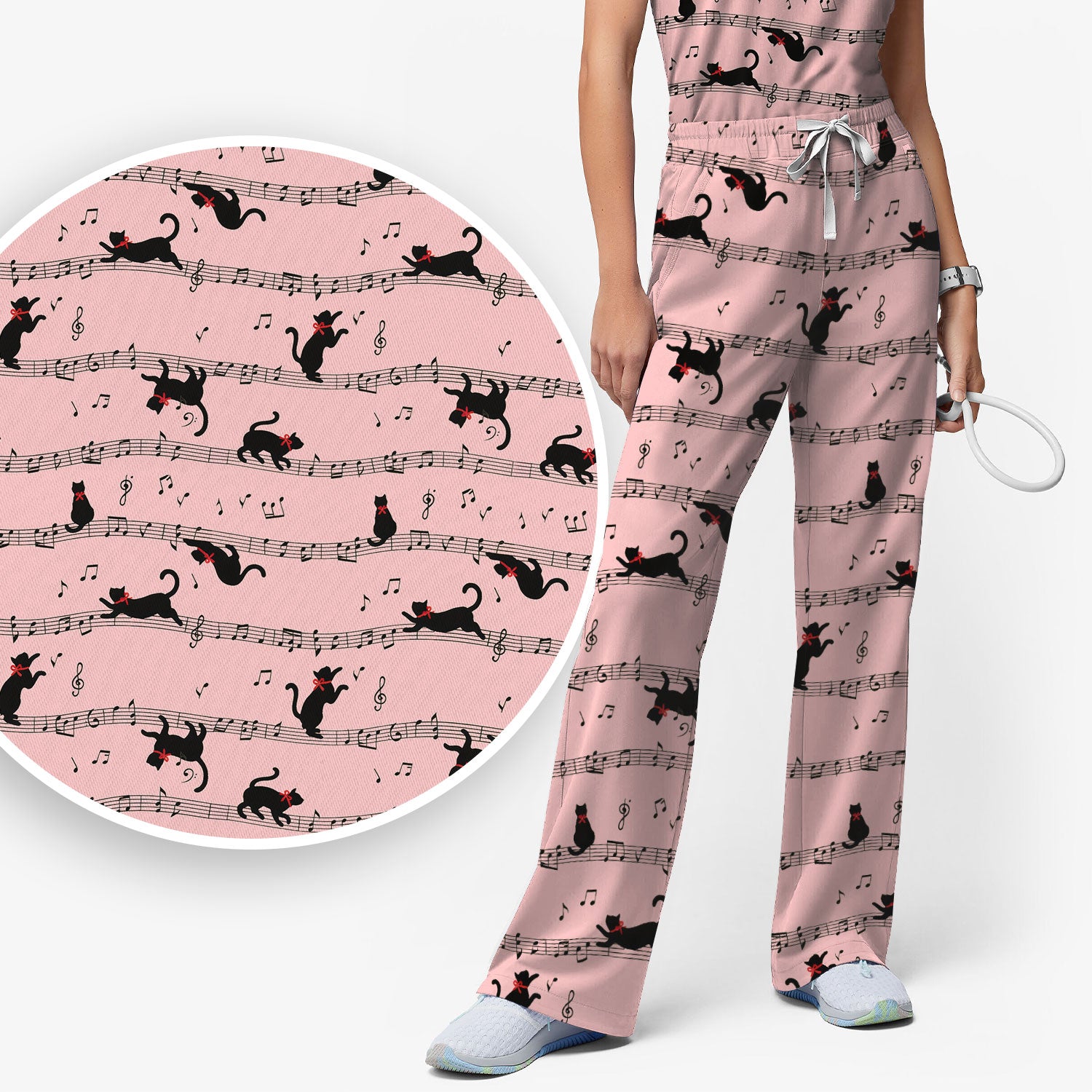 Cute Dancing Black Cat Music Staff Pattern Scrub Set, Scrub Pants and V Neck Top