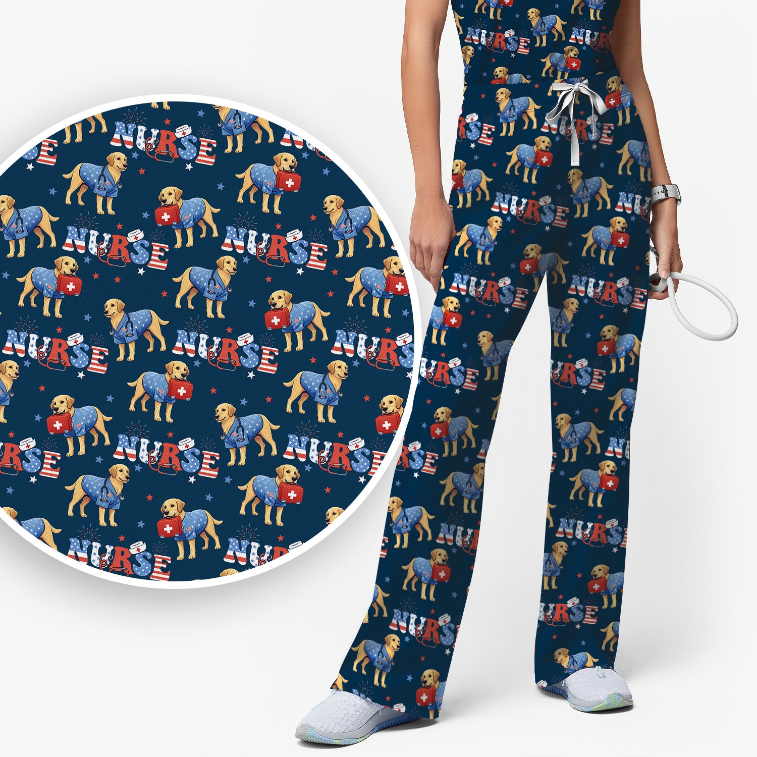 Patriotic Nurse Dog Medical Pattern Pattern Scrub Set, Women's Scrub Sets