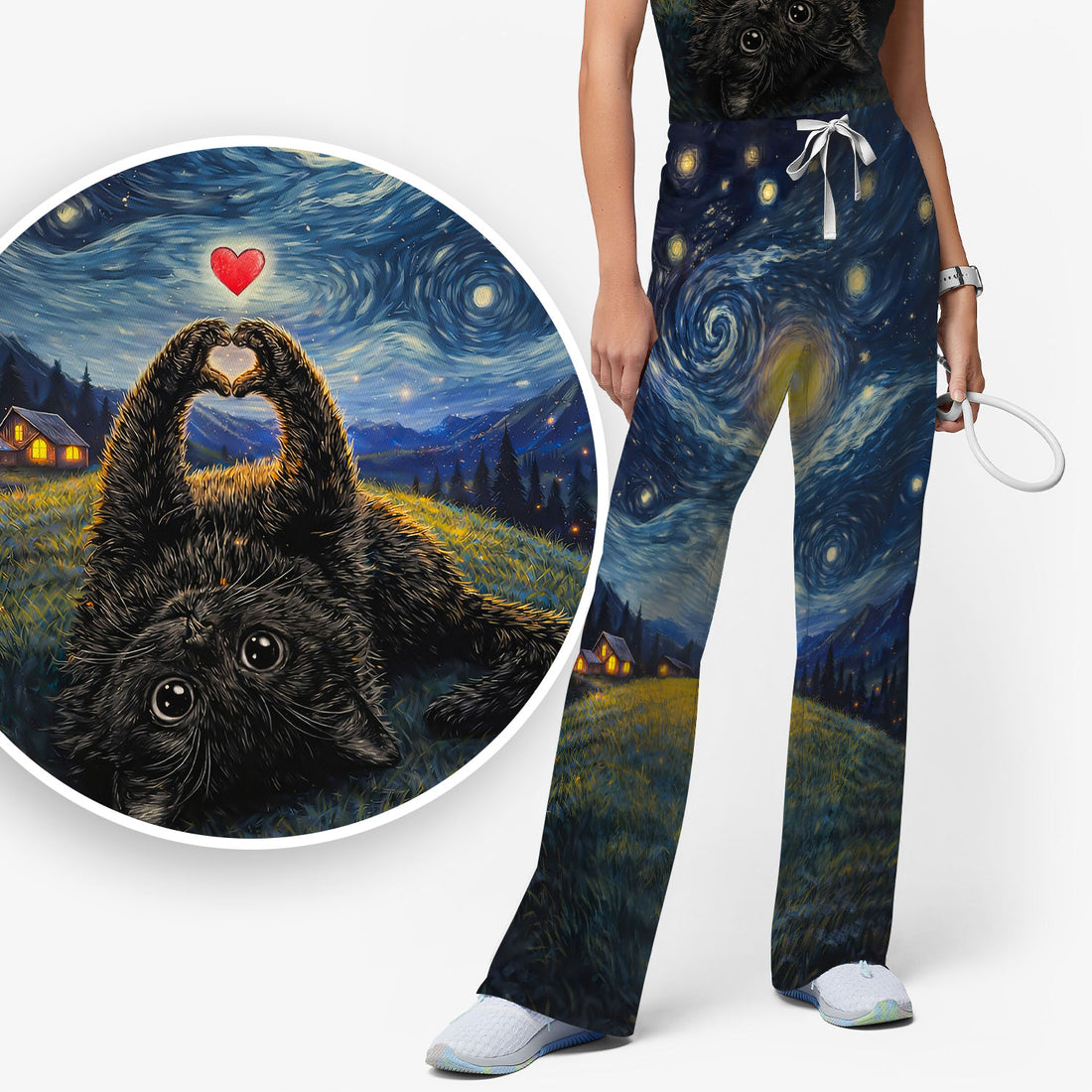 Starry Night Black Cat Heart Art Scrub Set, Breathable Med Uniform