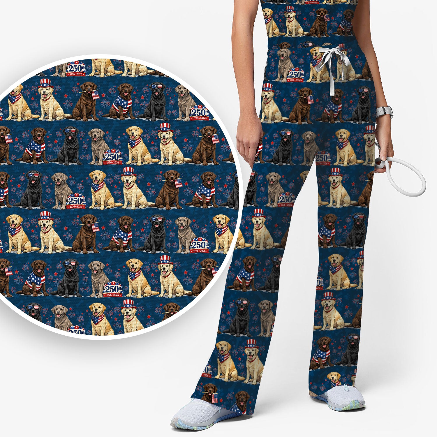 4th of July Labrador Dog Patriotic Print Scrub Set, Scrub Pants and V Neck Top
