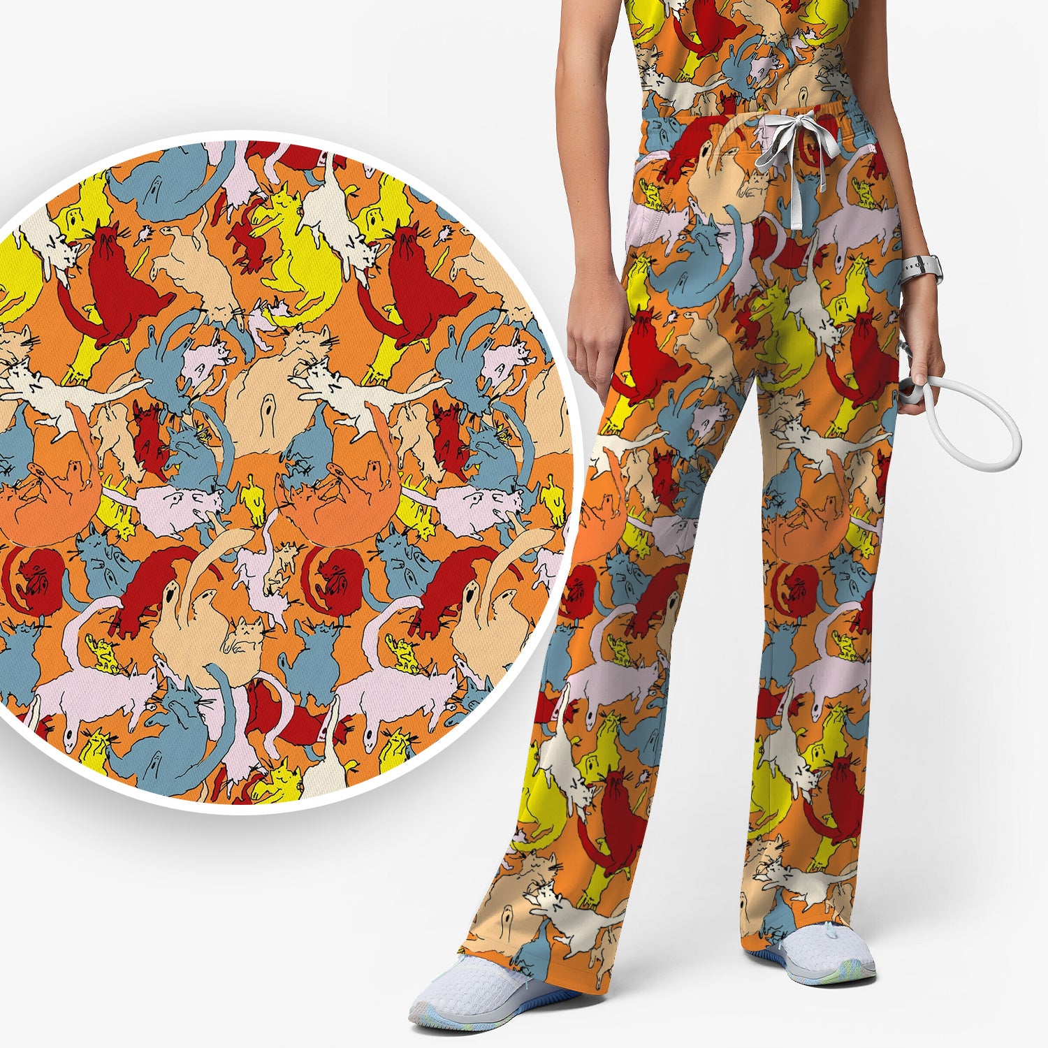 Colorful Cat Chaos Illustration Pattern Scrub Set, Scrub Pants and V Neck Top