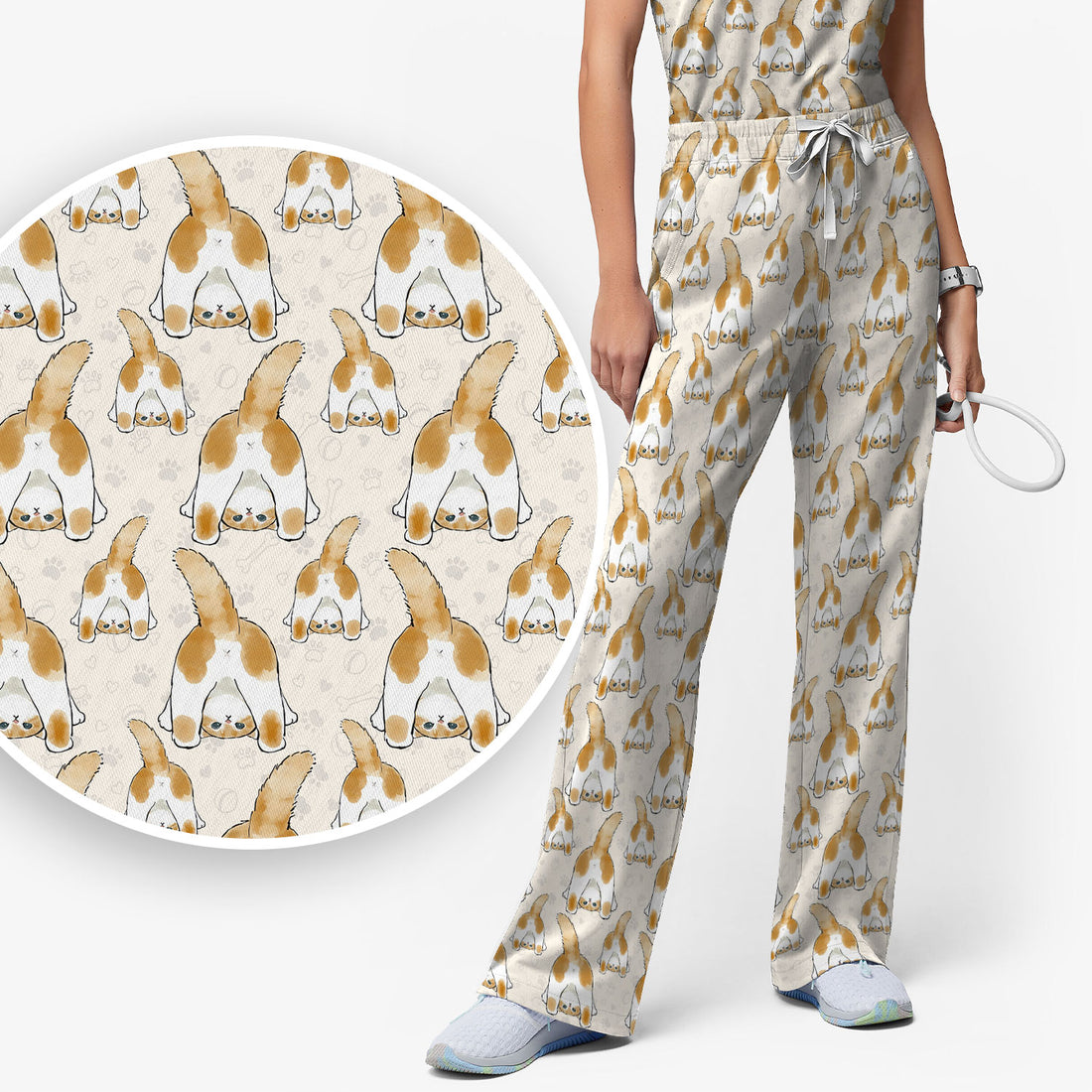 Cute Cat Butt Nurse Scrub Set, Cat Pattern Medical Shirt For Pet Lover, Breathable Fabrics Nursing Uniform