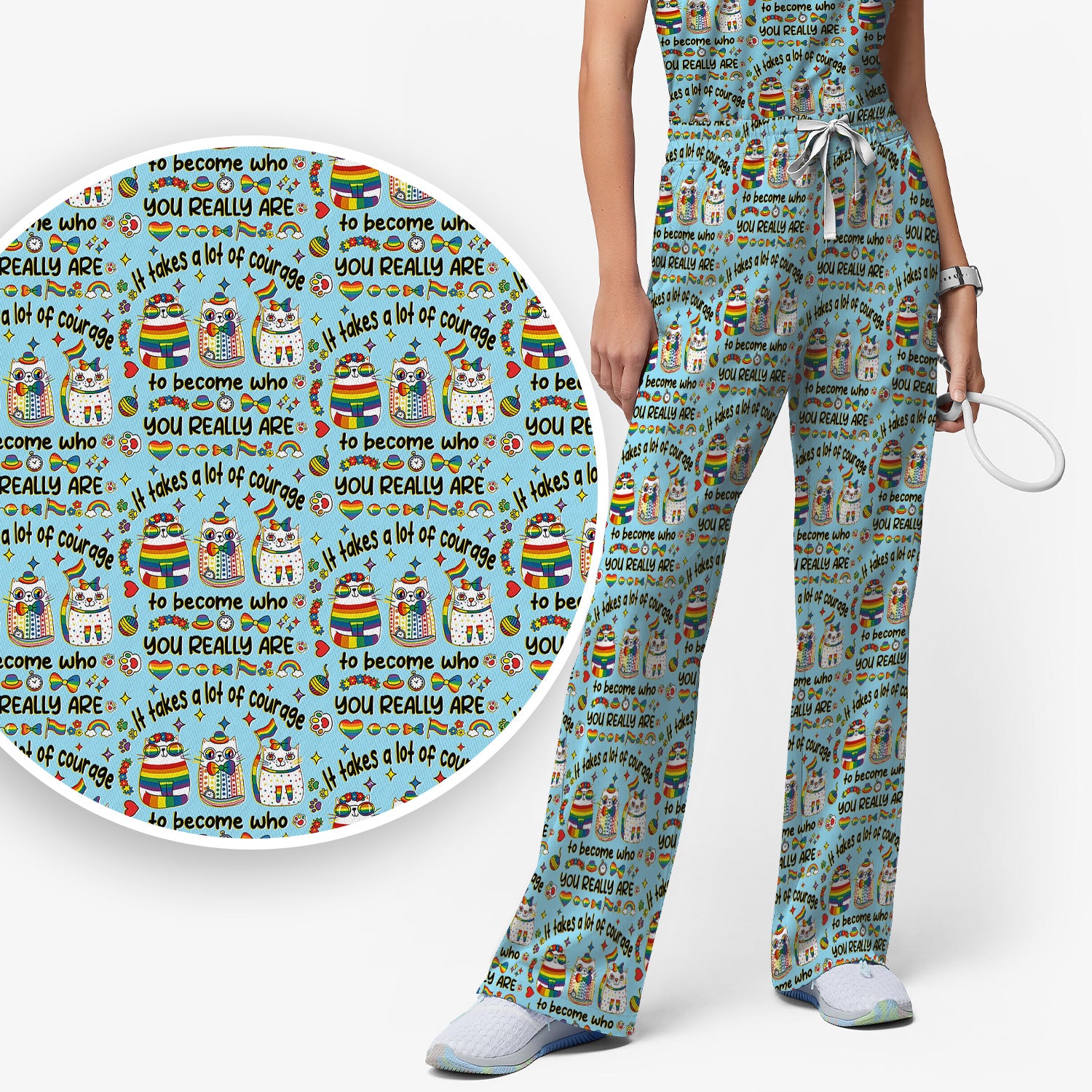 Inspirational Nurse Rainbow Cat Courage Quote Pattern Scrub Top, Breathable Fabrics Nursing Uniform