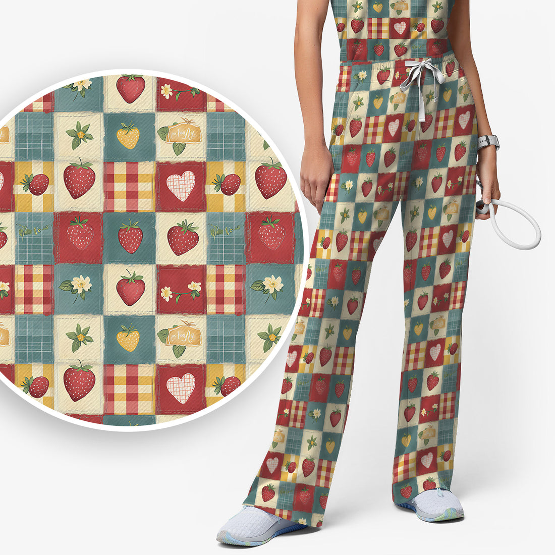 Cute Strawberry Floral Patchwork Pattern Scrubs Sets, Scrub Pants and V Neck Top