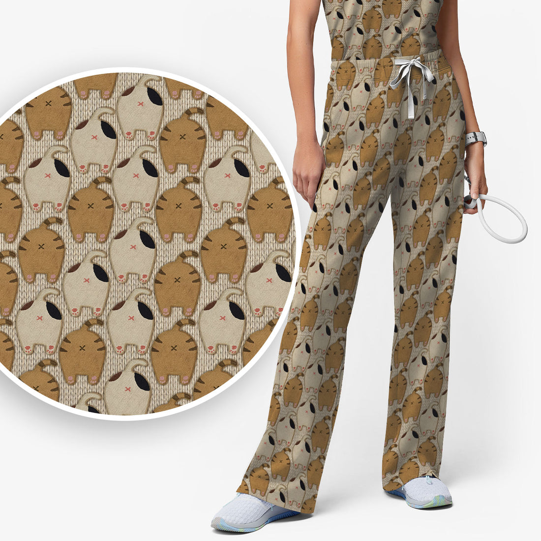Cute Cat Nurse Scrub Set, Cozy Minimal Animal Pattern Medical Shirt, Breathable Fabrics Nursing Uniform