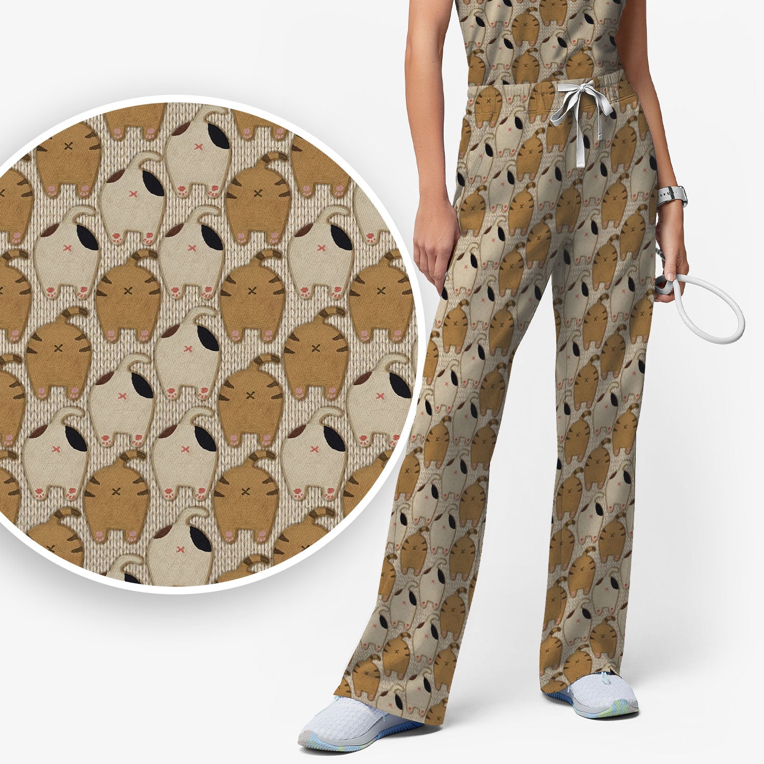 Cute Cat Nurse Scrub Set, Cozy Minimal Animal Pattern Medical Shirt, Breathable Fabrics Nursing Uniform