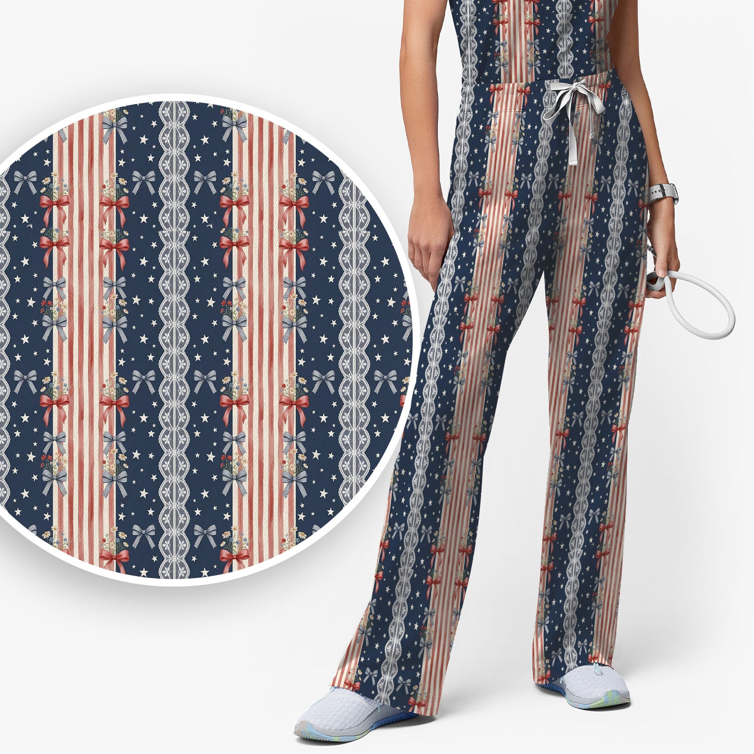 Patriotic Bow Lace Stripe Pattern Scrub Set, Scrub Pants and V Neck Top