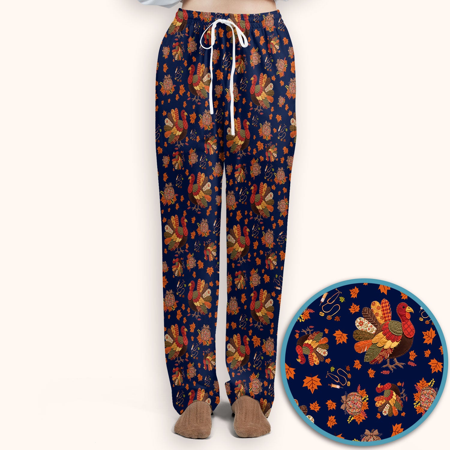 Fall Leaves Thanksgiving Women's Scrub Set - Comfortable Scrub Pants and V Neck Top - Funny Turkey Nursing Uniform