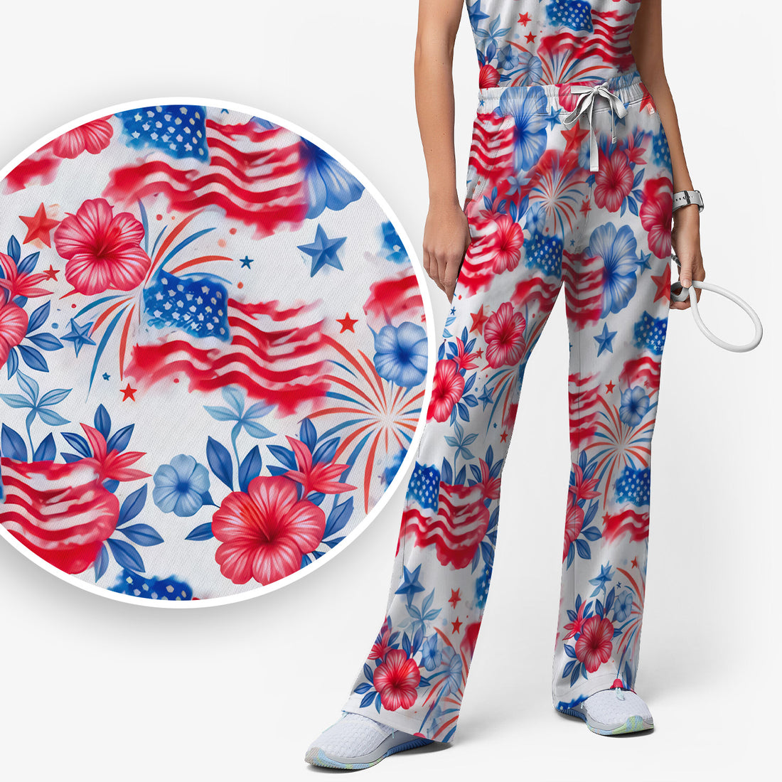 Patriotic American Flag Floral Pattern Scrub Set, Scrub Pants and V Neck Top