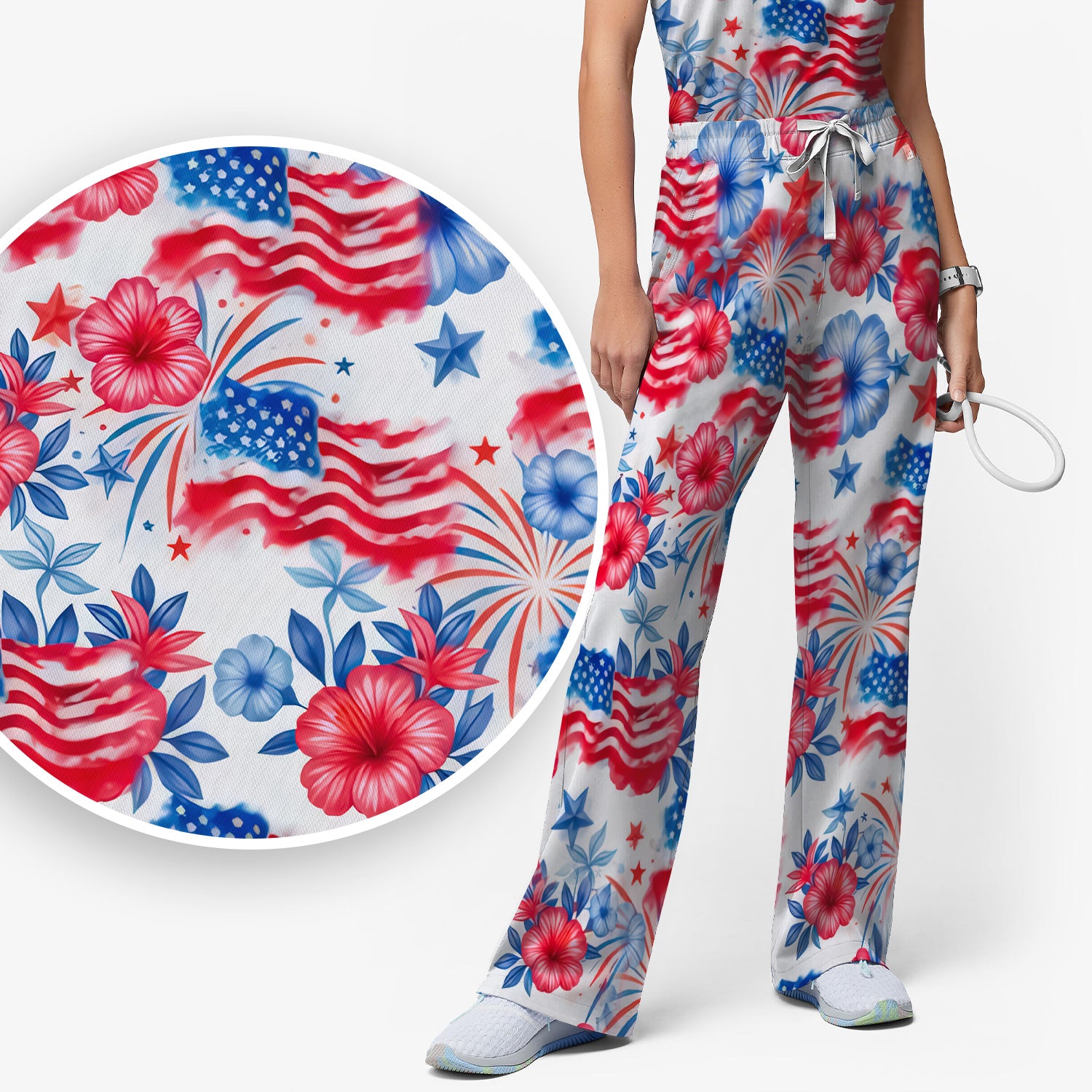 Patriotic American Flag Floral Pattern Scrub Set, Scrub Pants and V Neck Top