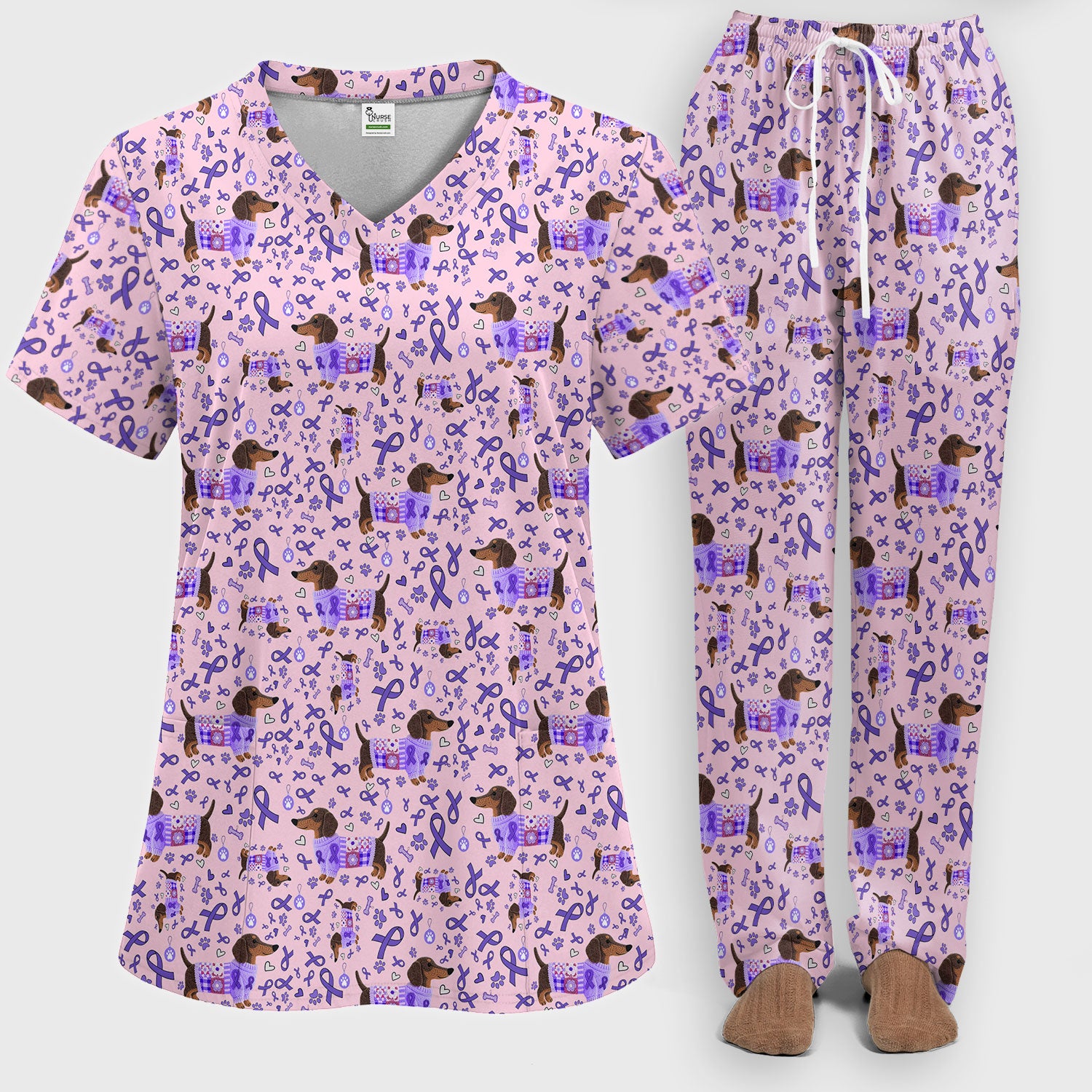 Purple Ribbon Dachshund Scrub Sets - Cute Awareness Dog Paw Prints Scrub Pants and V Neck Top - Support Lupus Cancer Med Uniform