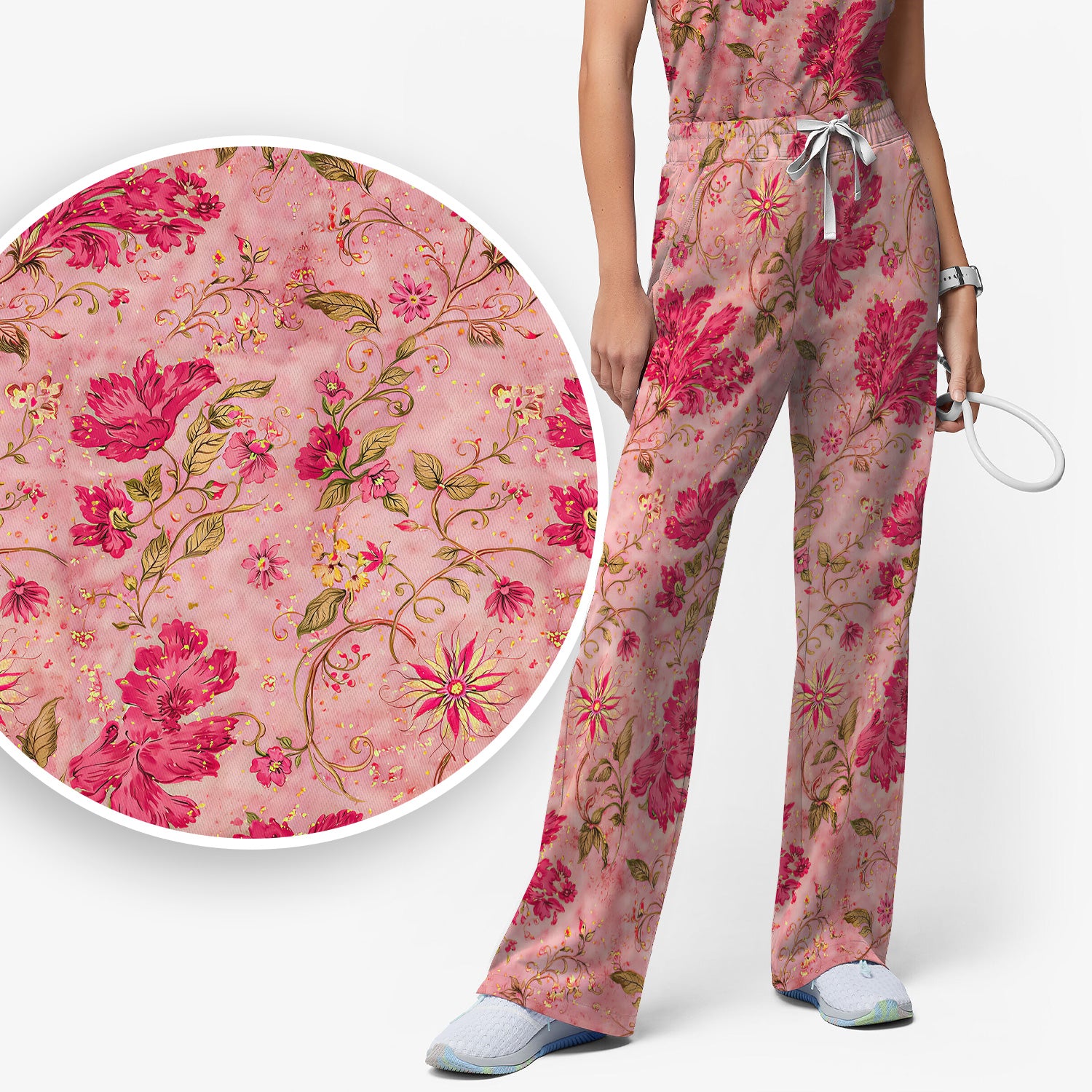 Elegant Pink Floral Vine Pattern Scrub Set, Women's Scrub Sets