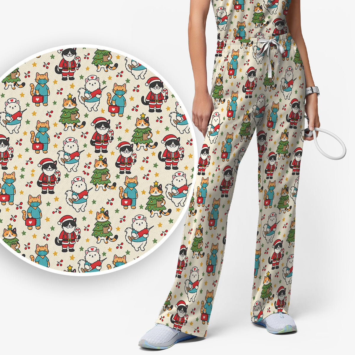 Christmas Cats In Nurse And Santa Outfits Scrub Set, Scrub Pants and V Neck Top