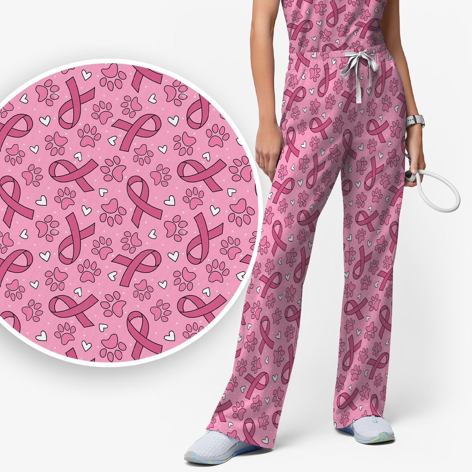 Pink Ribbon Paw Print Scrub Set, Scrub Pants and V Neck Top