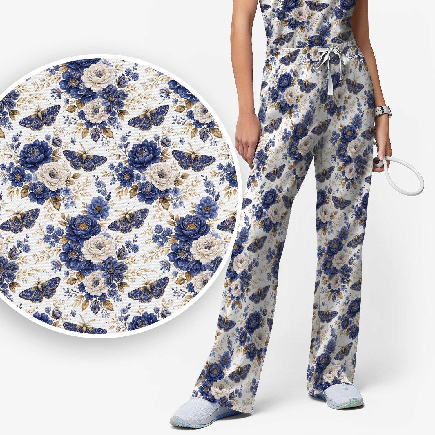 Cute Blue Floral Moth Pattern Scrub Set, Scrub Pants and V Neck Top