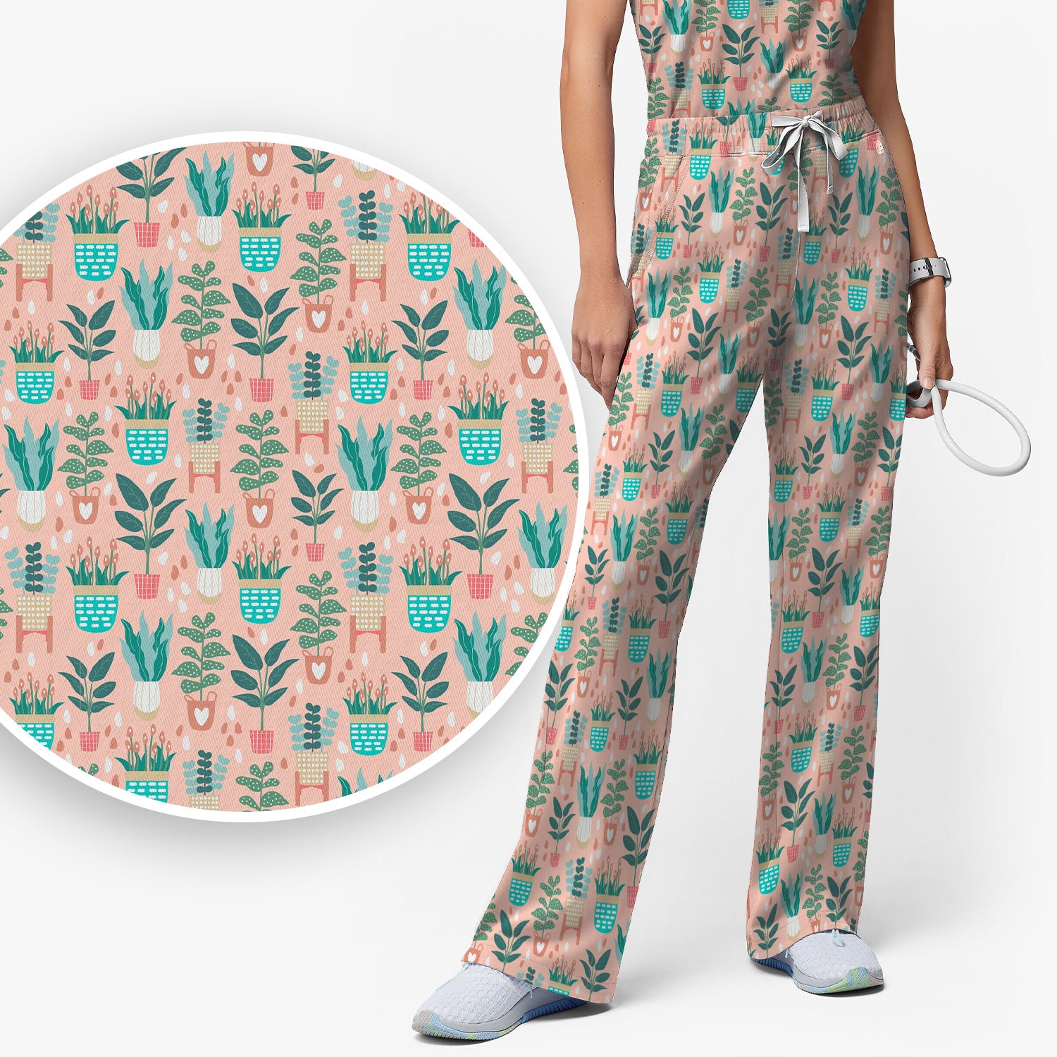 Potted Houseplant Leaves Pattern Scrub Set, Scrub Pants and V Neck Top