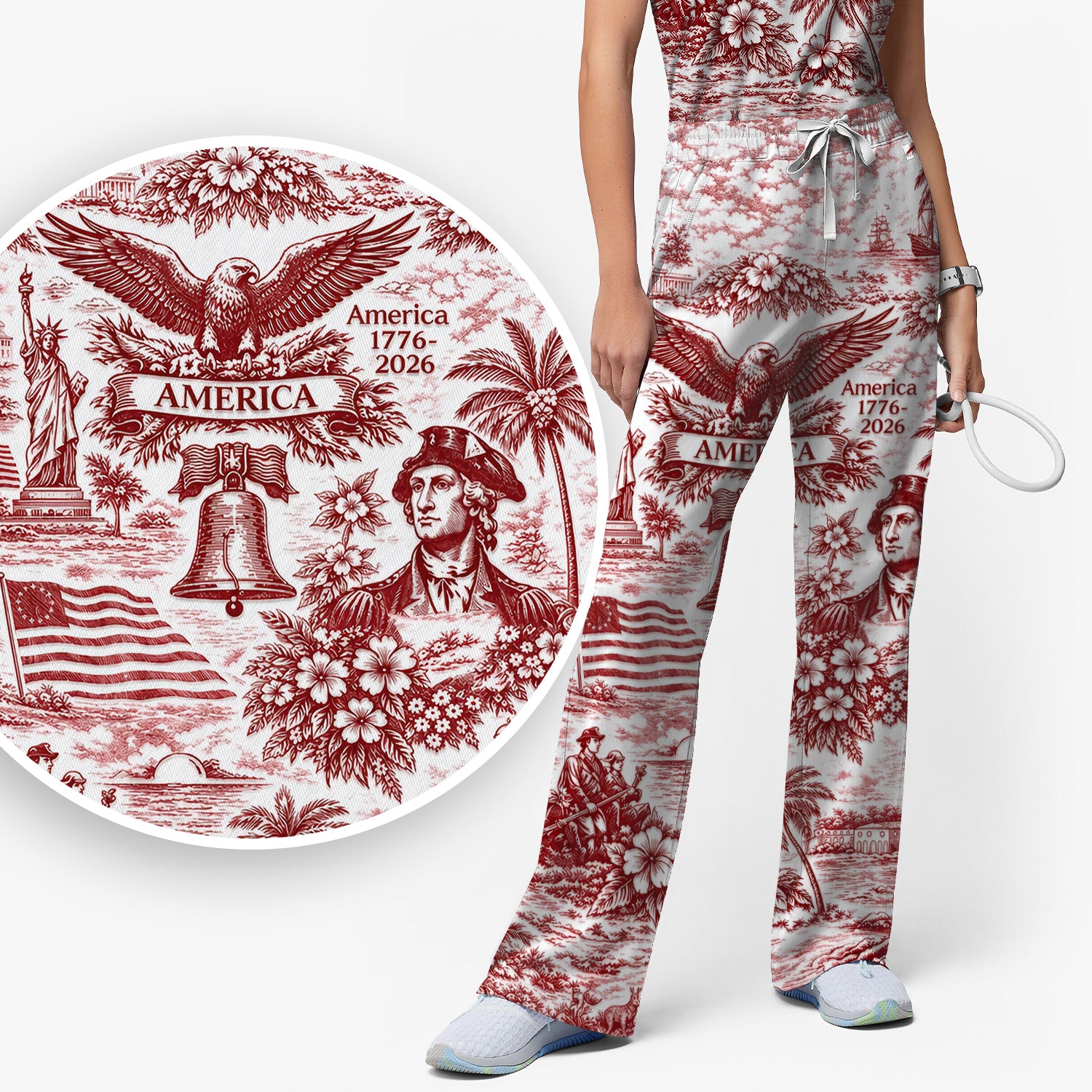 Patriotic America Heritage Toile Pattern Scrub Set, Women's Scrub Sets